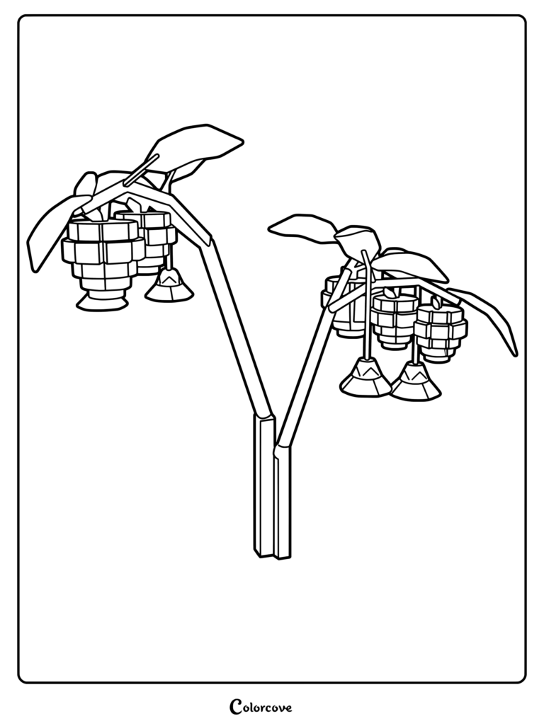 Coloriage d'un pommier cannelle Grow a Garden présentant des fruits segmentés et des feuilles sur des branches.