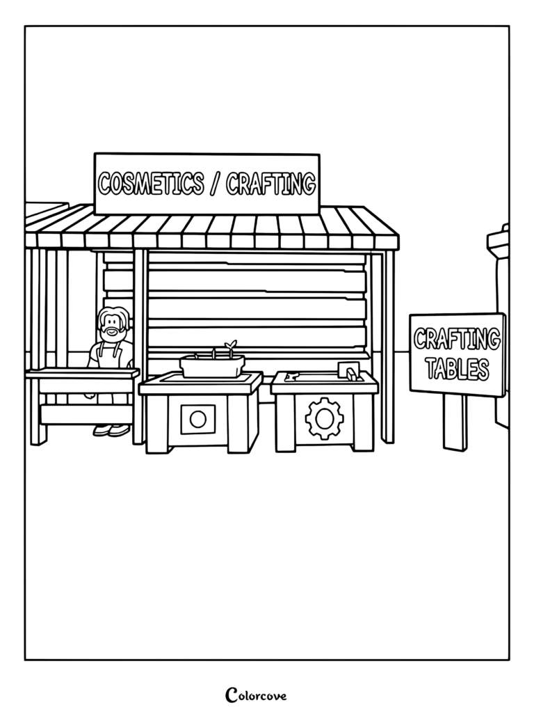 Coloriage montrant Isaac vendant des cosmétiques aux joueurs pendant qu'ils utilisent la fonction d'artisanat dans sa boutique