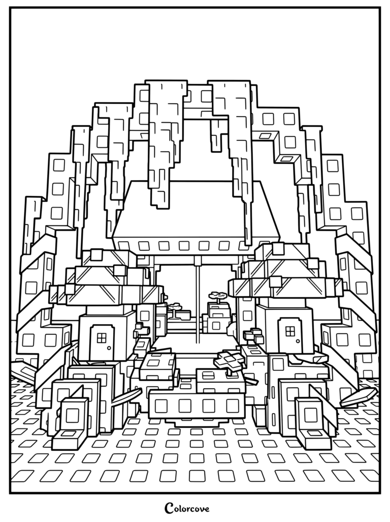 Coloriage Grow a Garden présentant deux maisons en forme de champignon de chaque côté d'un bassin bleu central