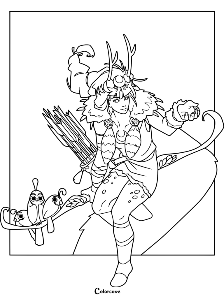 Une page de coloriage détaillée d'Artémis de Hades, présentant la déesse de la chasse avec ses bois caractéristiques, son carquois de flèches et de petits oiseaux perchés sur son arc.