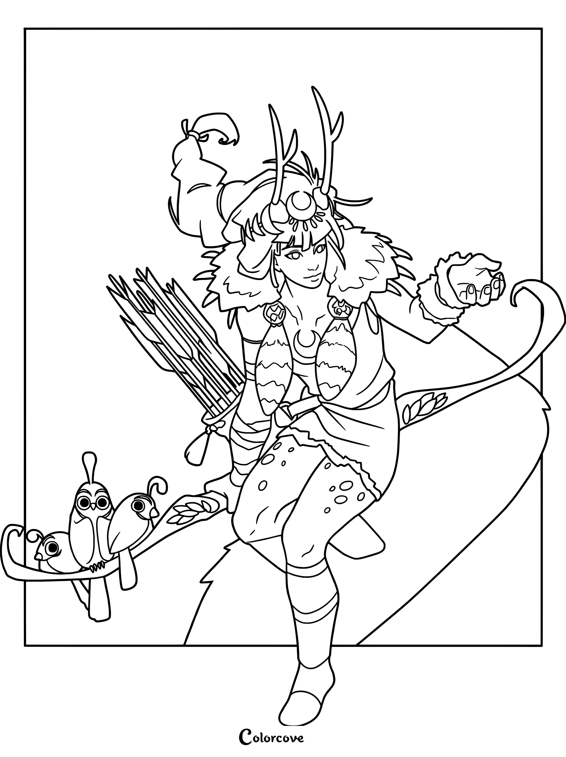 A detailed coloring page of Artemis from Hades, featuring the goddess of the hunt with her signature antlers, quiver of arrows, and small birds perched on her bow.