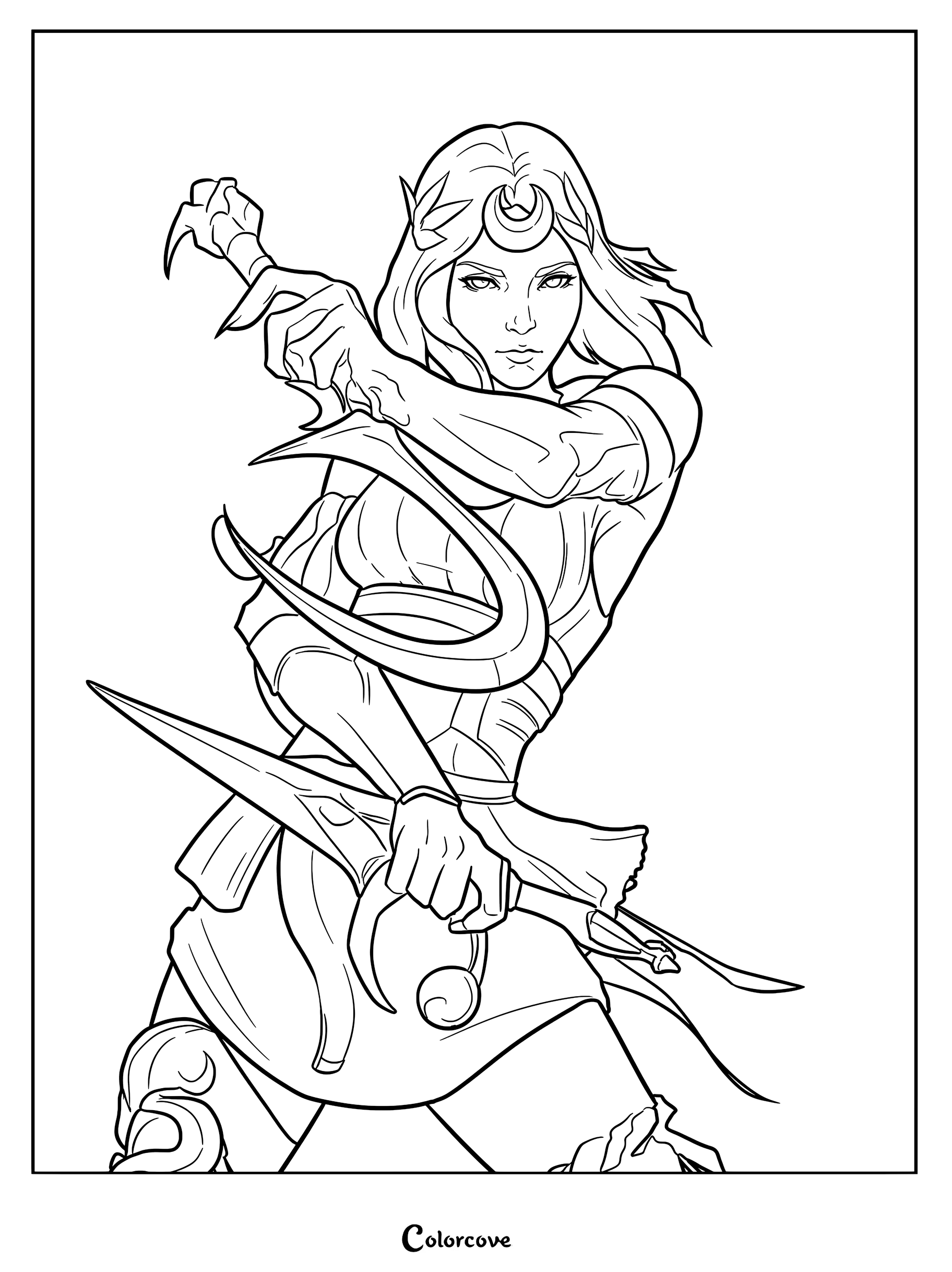 Melinoë from Hades II dual-wielding her signature Sister Blades, Lim and Oros, in a dynamic combat pose for a printable coloring page.