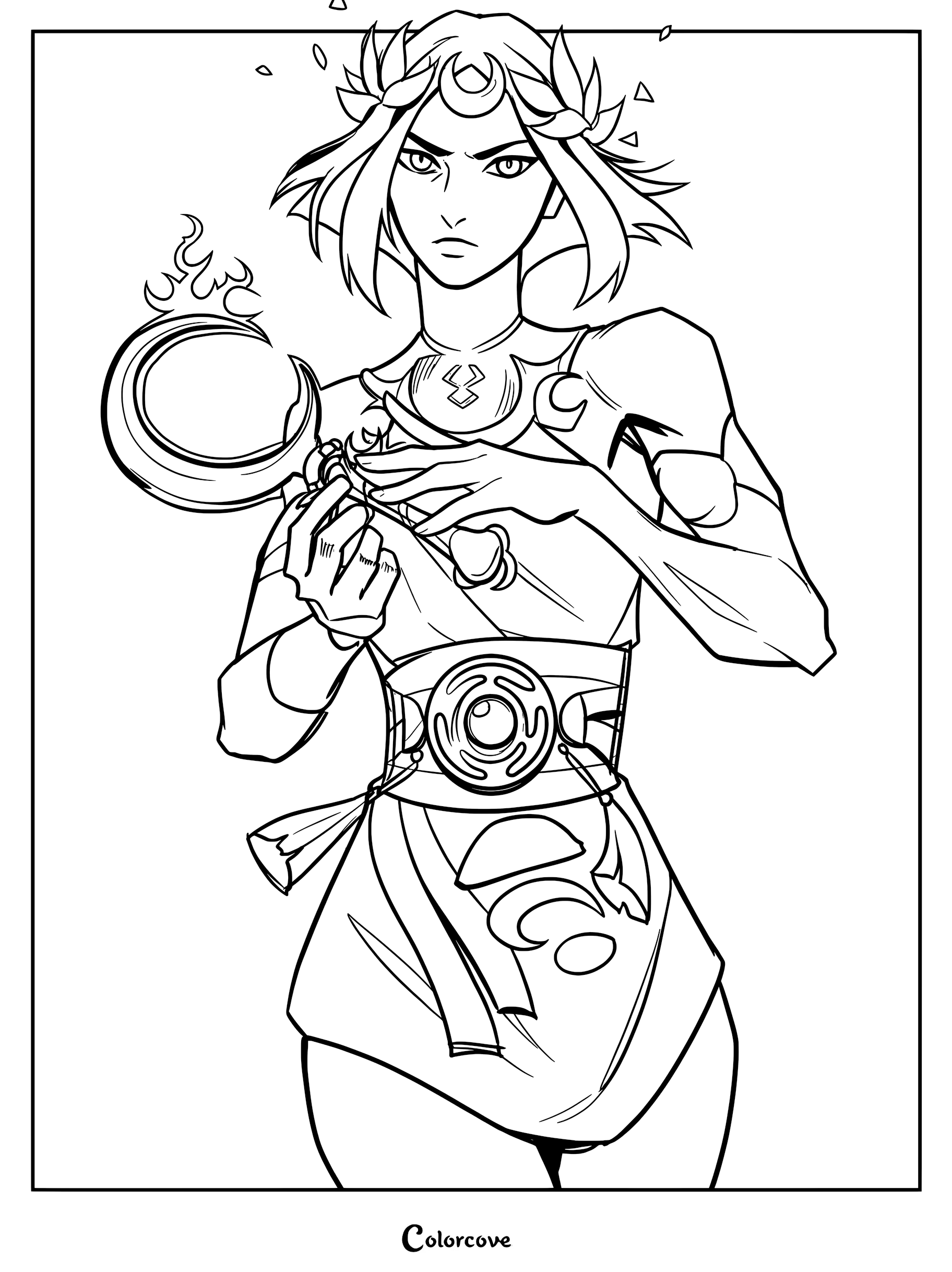 Melinoë from Hades II holding a glowing crescent moon sickle in this detailed line art coloring page.
