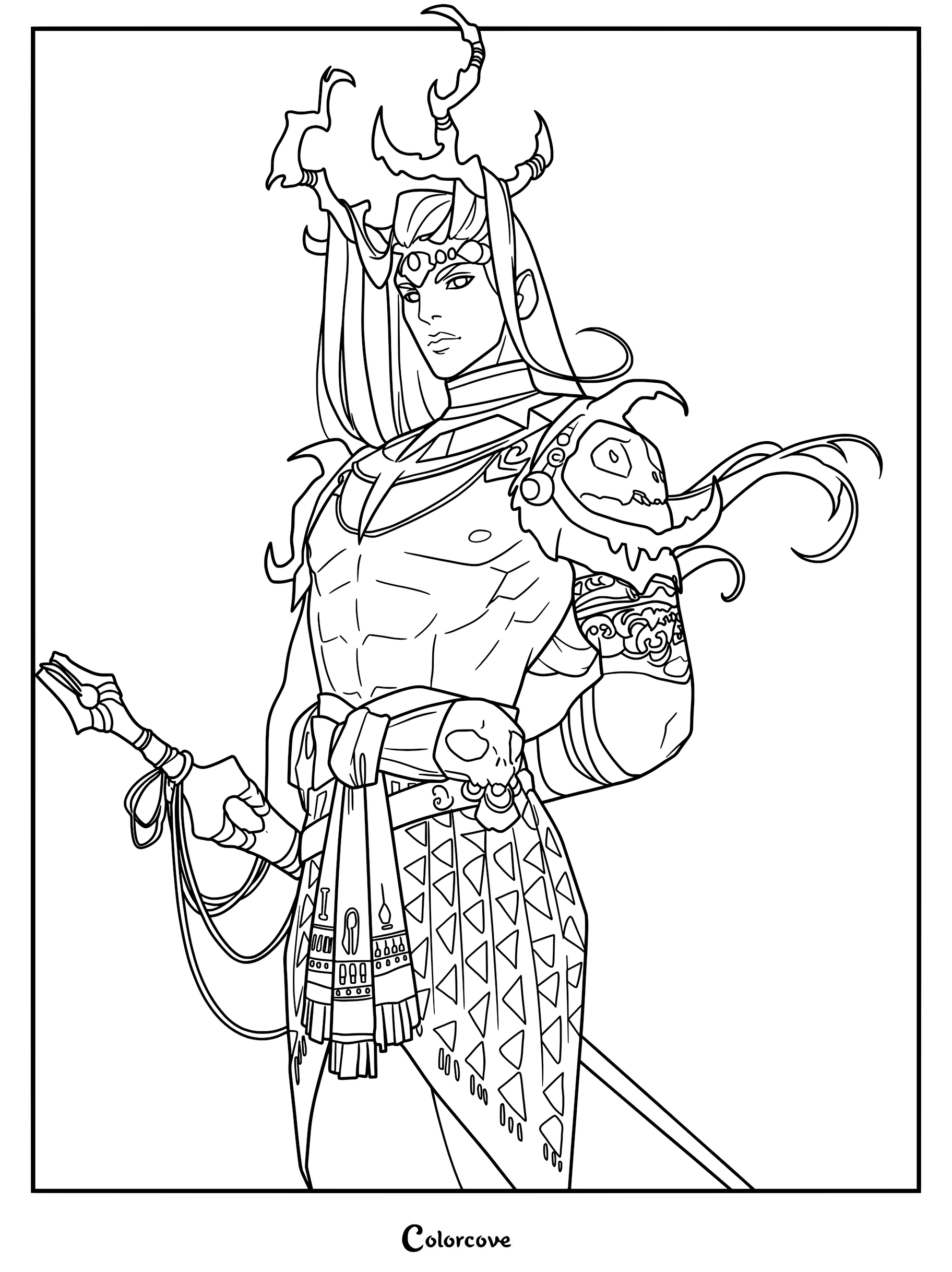 A detailed coloring page of Moros, the Chthonic God of Doom from Hades II, featuring his signature antler-like crown, intricate shoulder armor, and patterned sash.