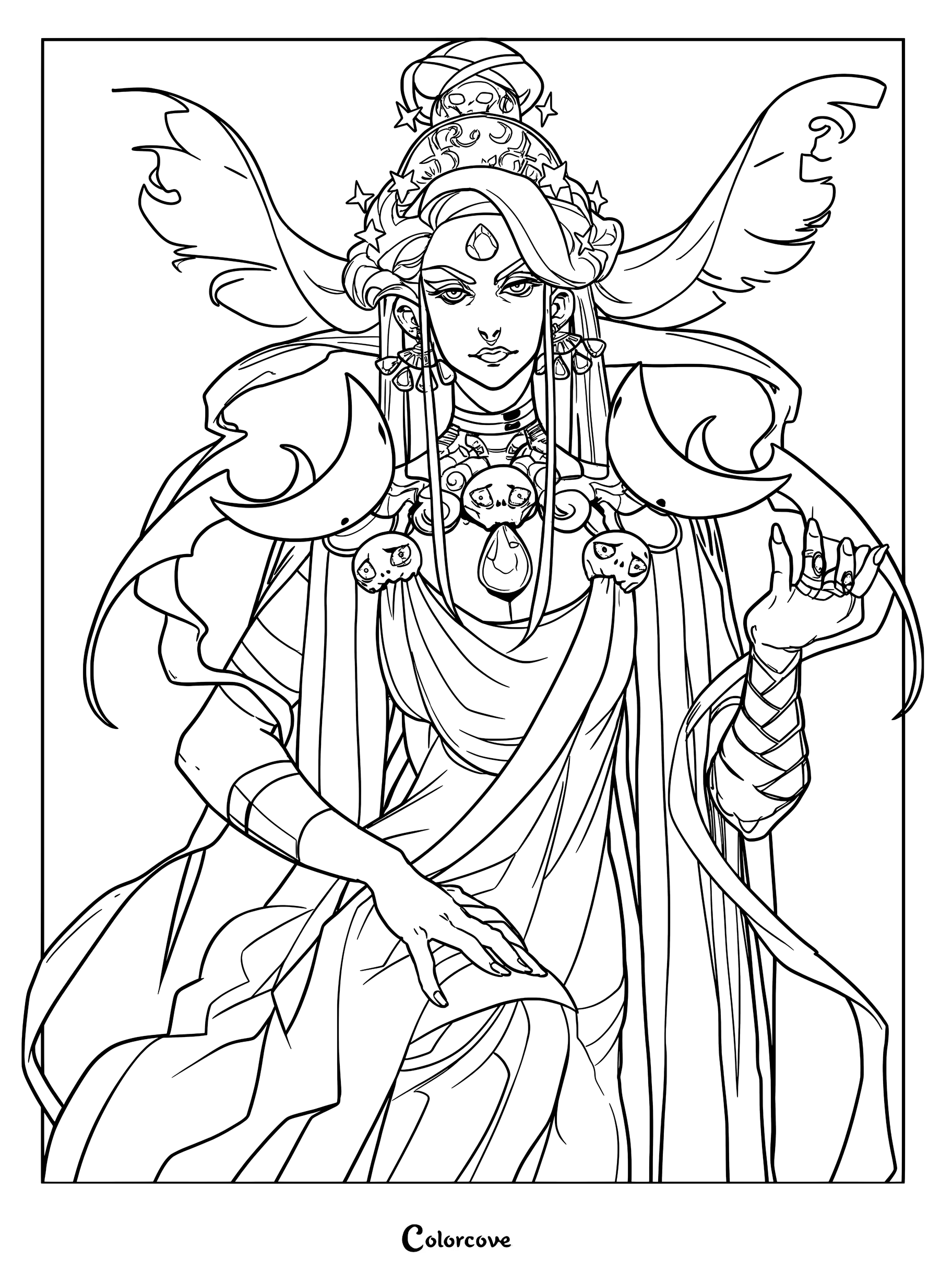 A detailed line art coloring page of Nyx, the primordial goddess of night from Hades, featuring her ornate star-adorned headdress, crescent moon accessories, and flowing robes.