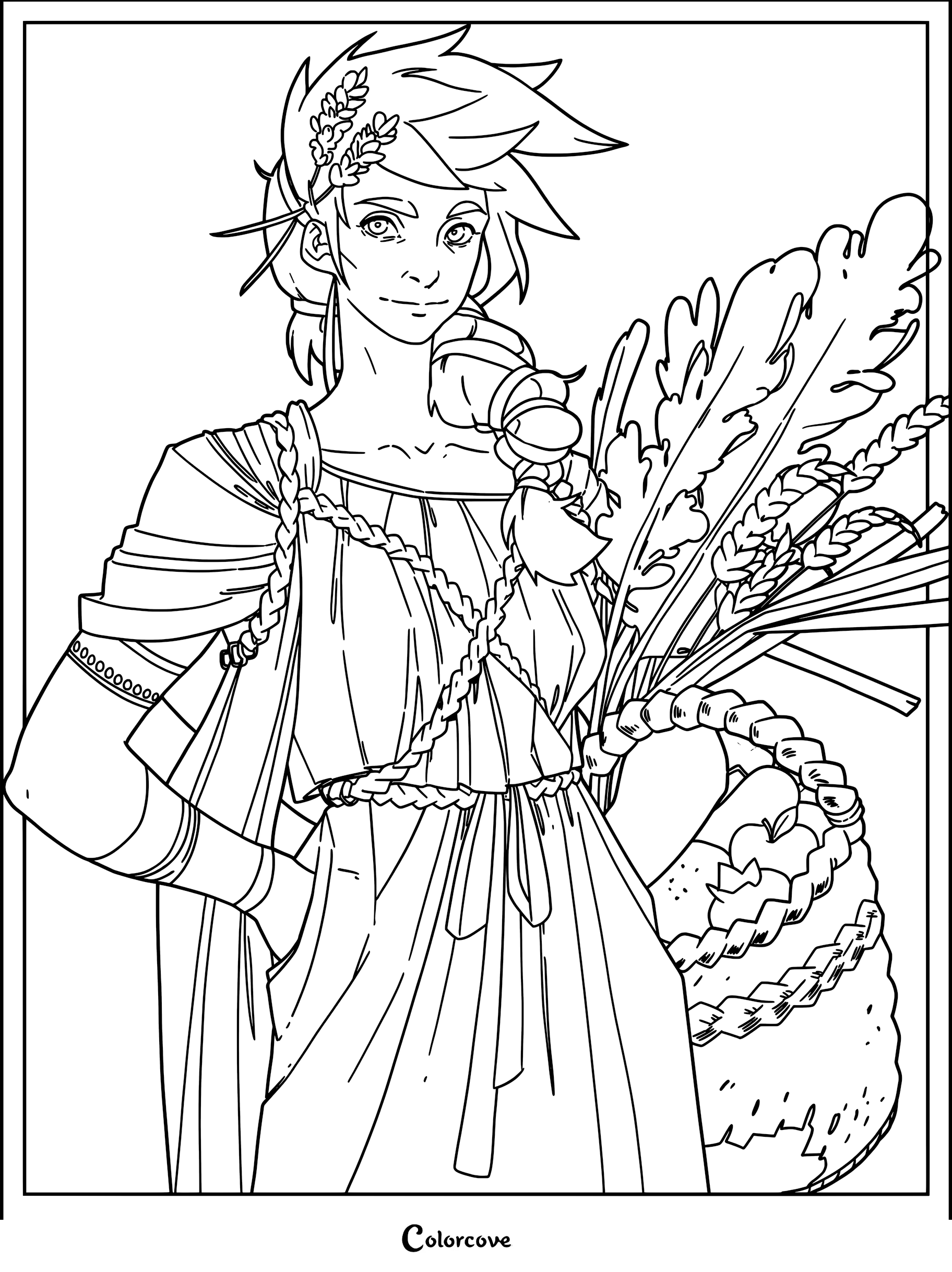 Persephone from Hades wearing a laurel wreath and holding a basket of wheat and fruit in this detailed line art coloring page.