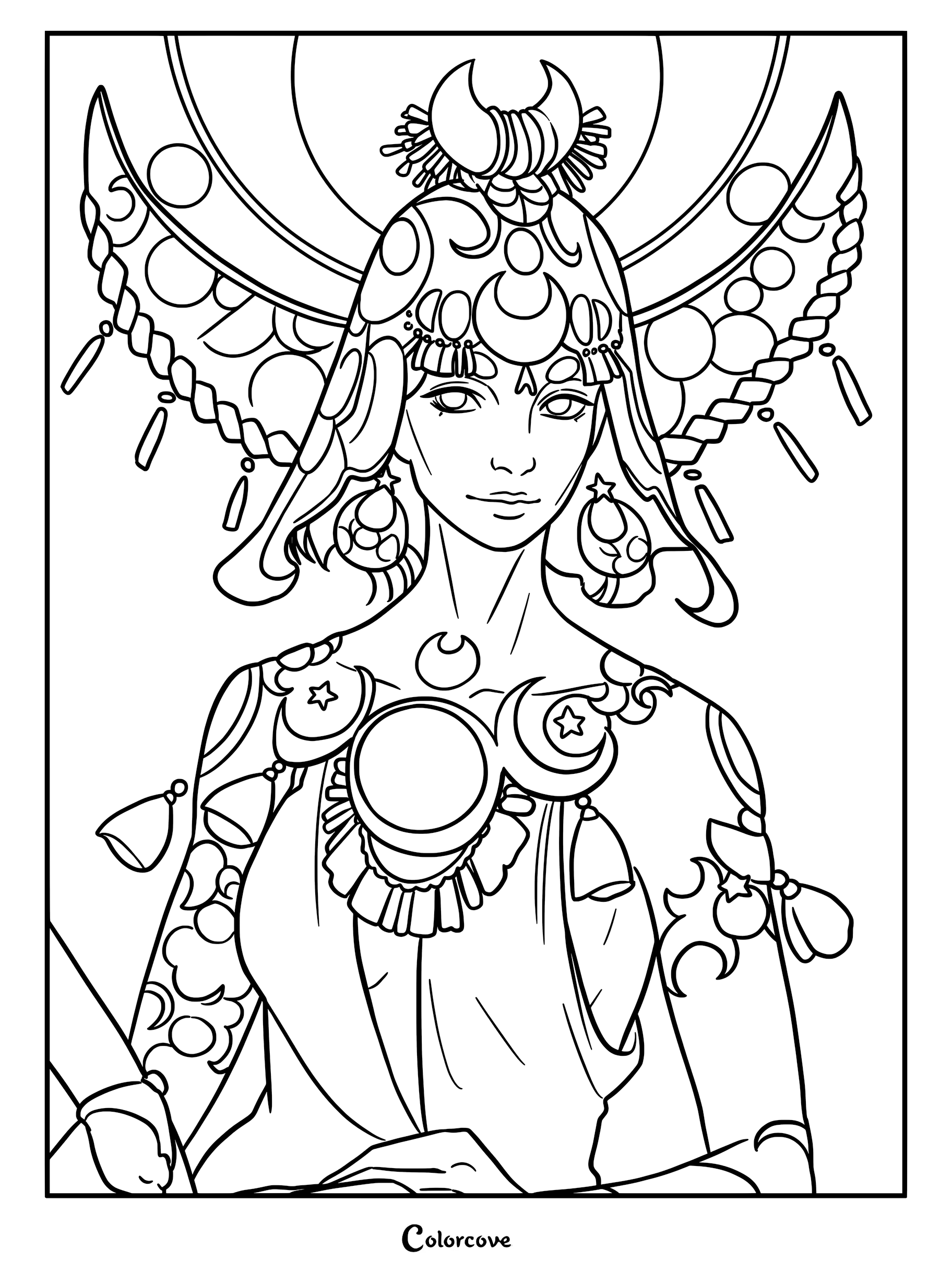 A detailed coloring page of Selene, the goddess of the moon from Hades, featuring her ornate crescent moon headdress, star-adorned jewelry, and celestial-themed tattoos.