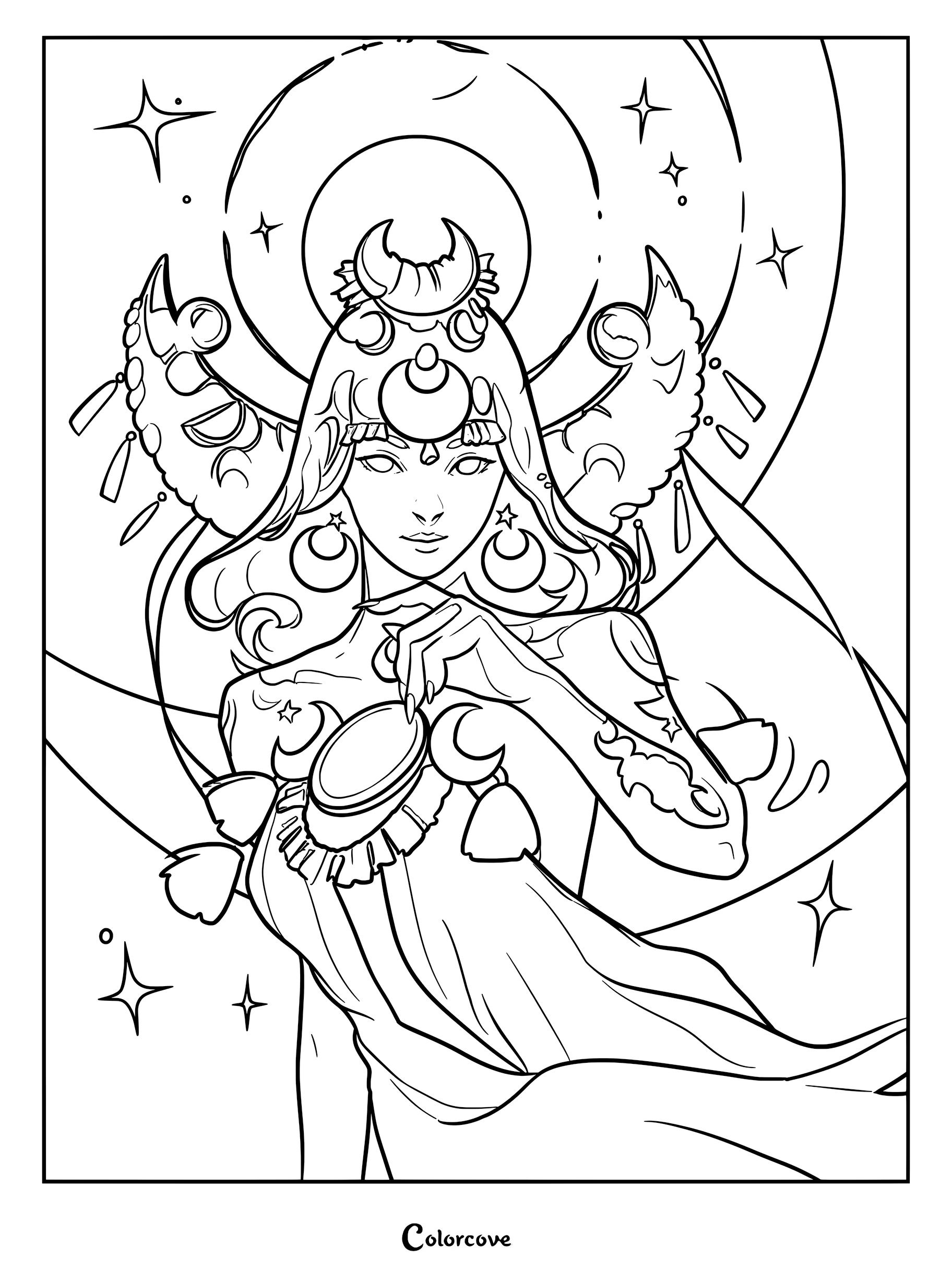 A detailed coloring page of Selene, the goddess of the moon from Hades, featuring her iconic crescent moon headpiece, flowing hair, and celestial star-filled background.