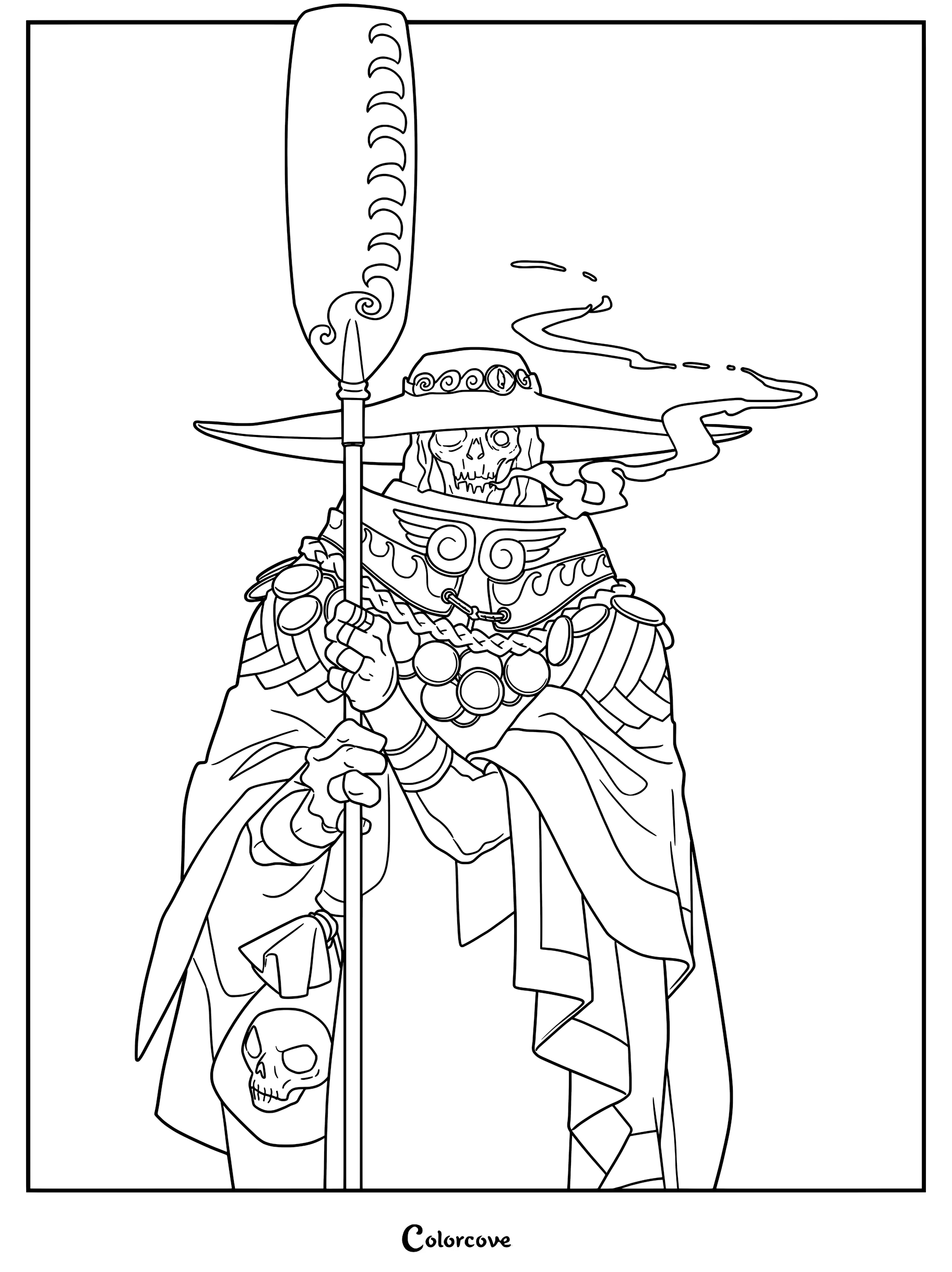 A detailed line art coloring page of Charon, the ferryman of the Underworld, holding his long oar and wearing his signature wide-brimmed hat.