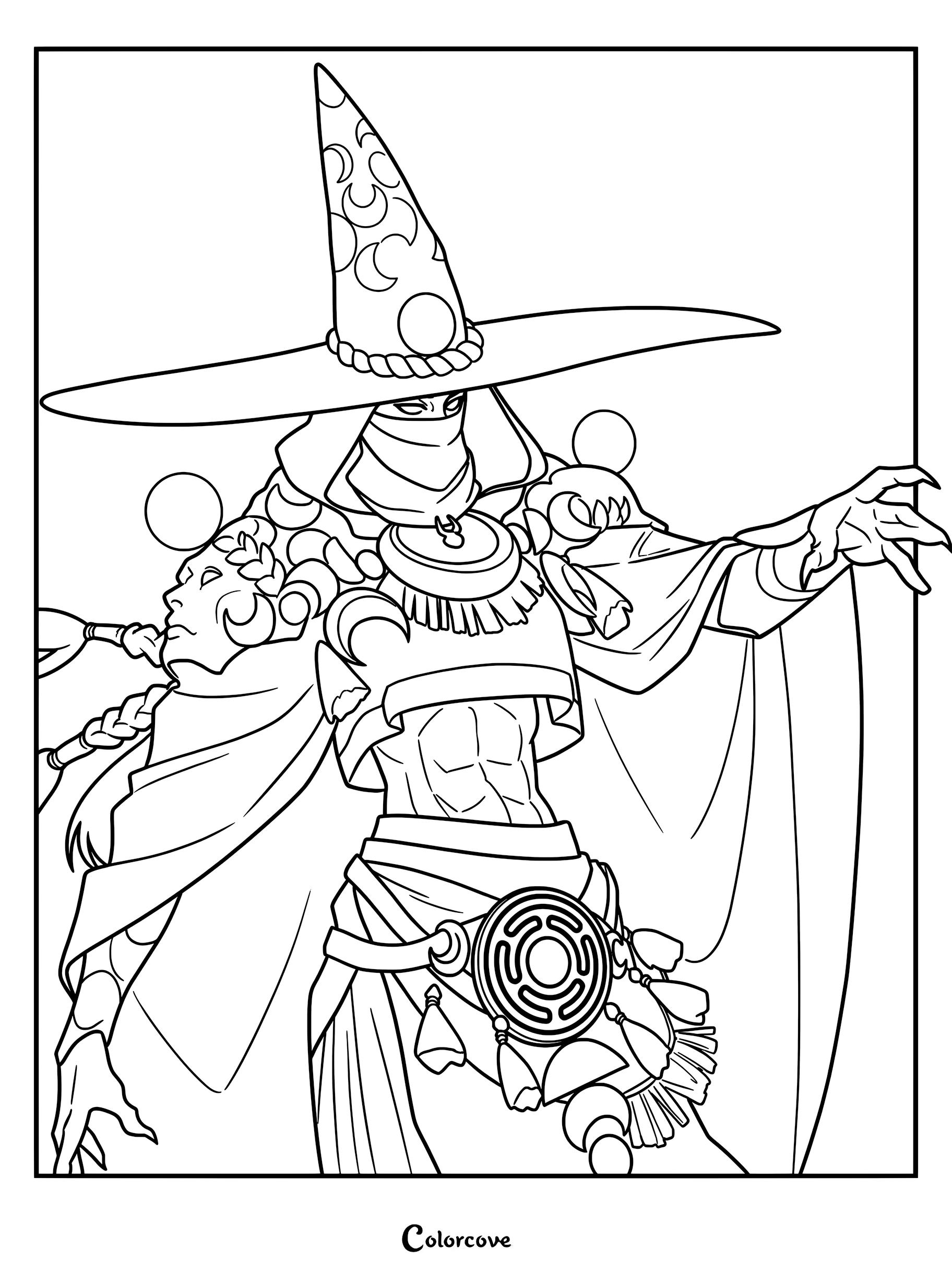 A detailed line art coloring page of Hecate, the mentor to Melinoë and first boss in Hades II, wearing her signature wide-brimmed hat and flowing robes while casting a spell.