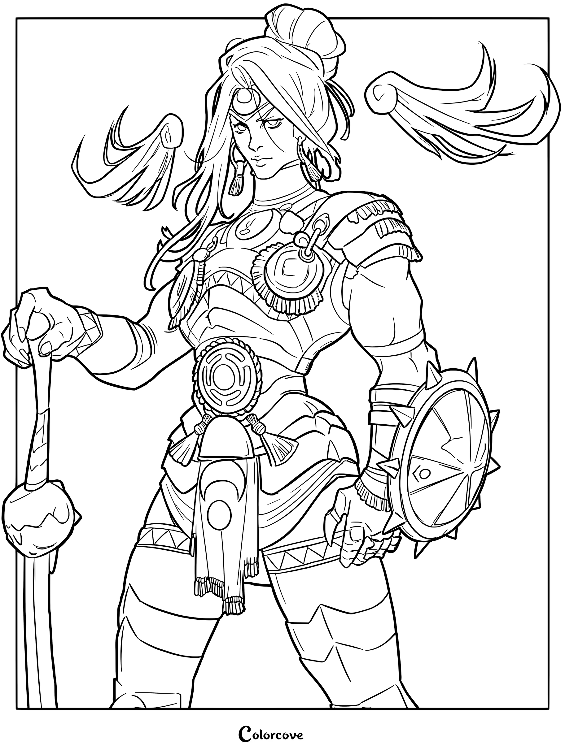 Nemesis, the goddess of retribution from Hades II, wearing dark, ornate armor with a red sash, featured in a detailed line art coloring page.