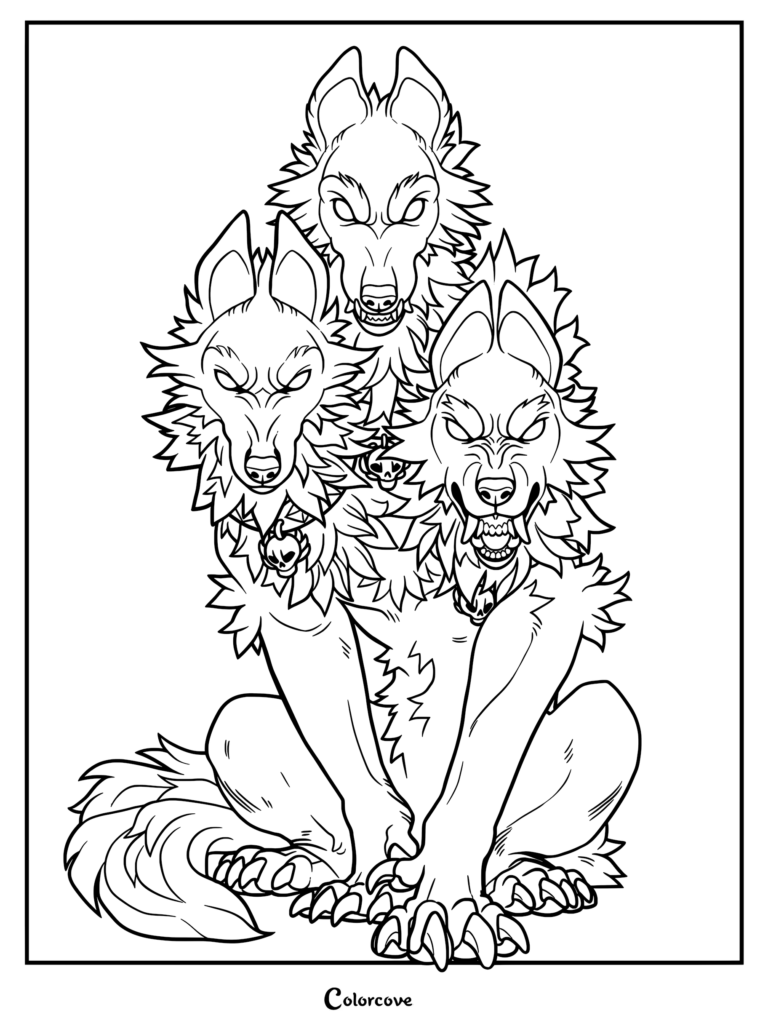 Une page de coloriage au trait détaillée de Cerbère, le chien à trois têtes des Hades, assis avec des colliers à pointes et des expressions hargneuses.