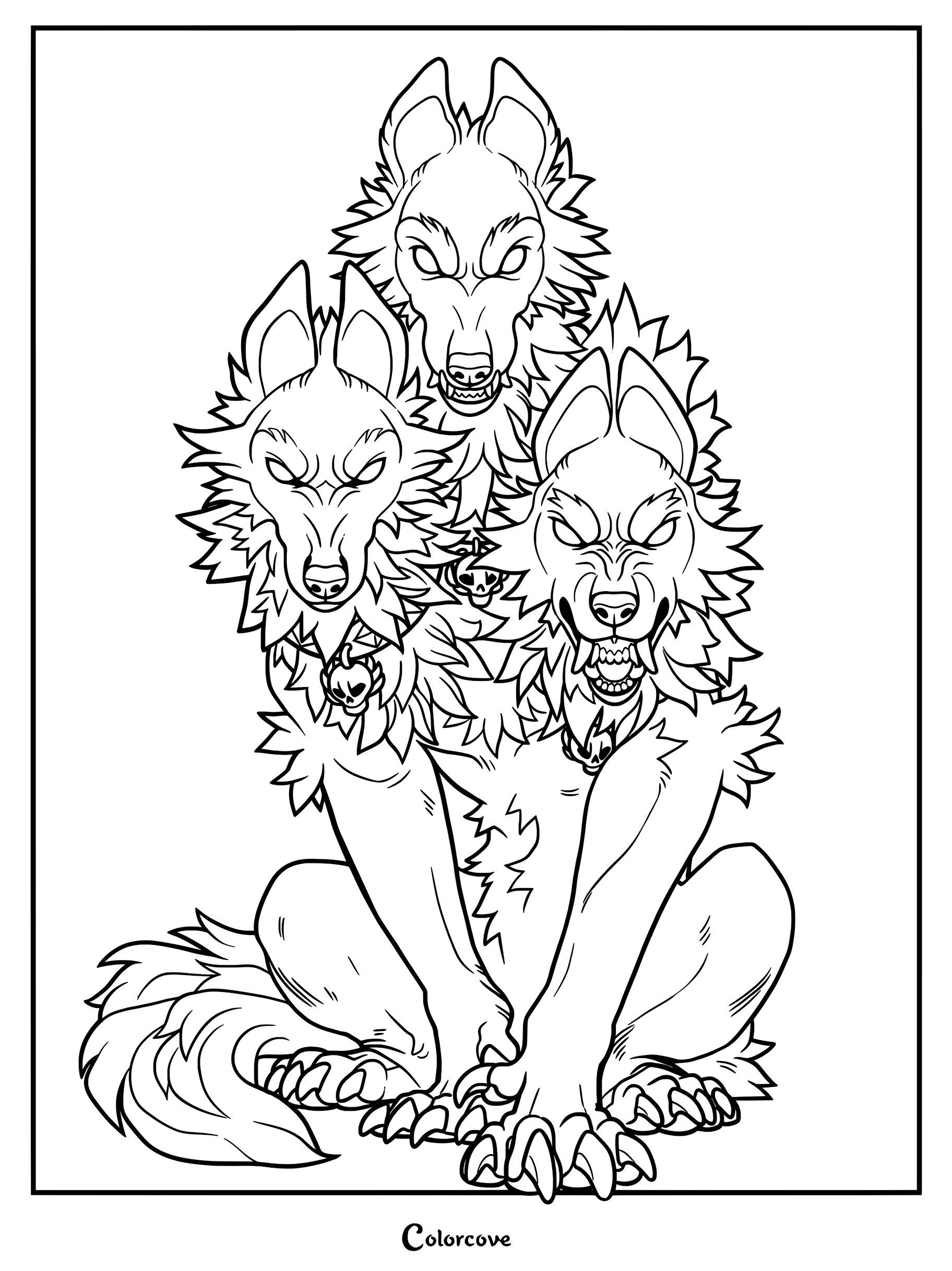 A detailed line art coloring page of Cerberus, the three-headed hound of the Underworld, sitting with spiked collars and snarling expressions.