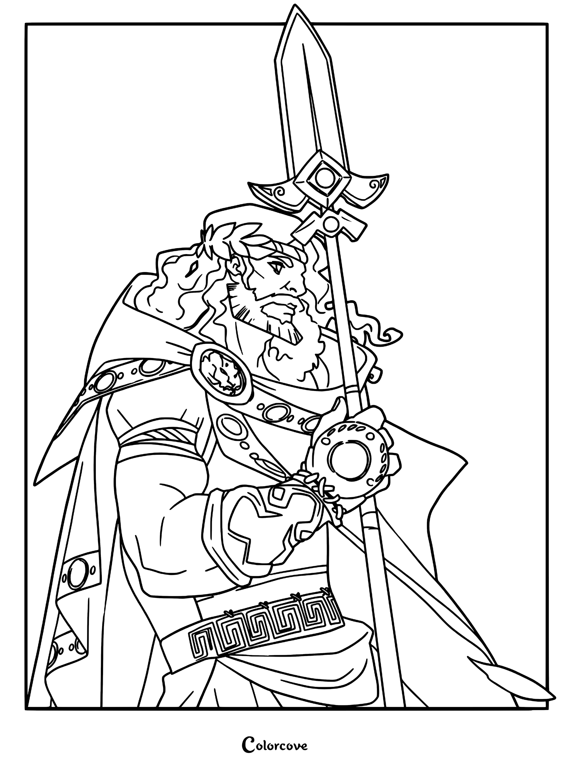 Patroclus from Hades wearing a dark green cloak and golden laurel wreath, holding a spear, line art coloring page.