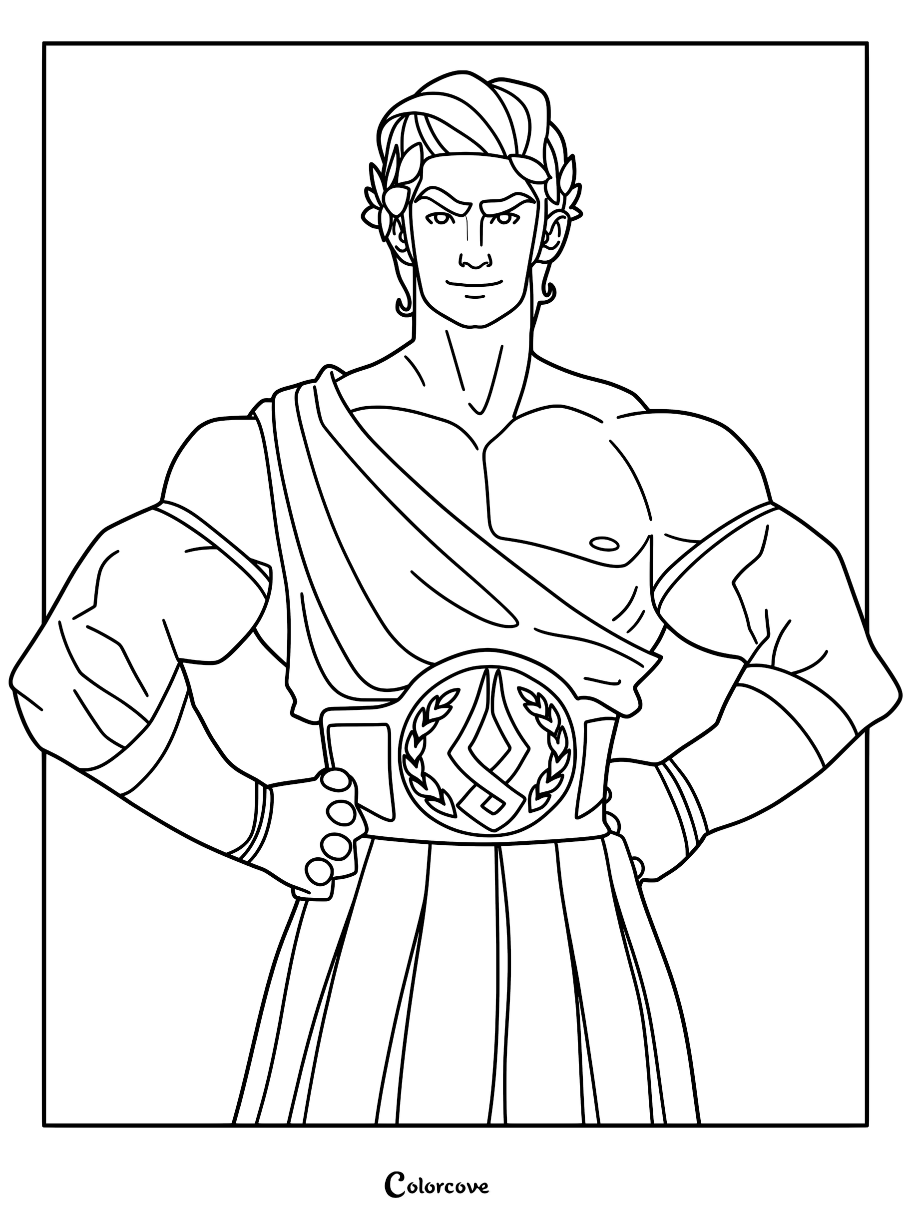A detailed line art coloring page of Theseus, the arrogant champion boss from the video game Hades, standing with hands on his hips wearing his signature laurel wreath and championship belt.