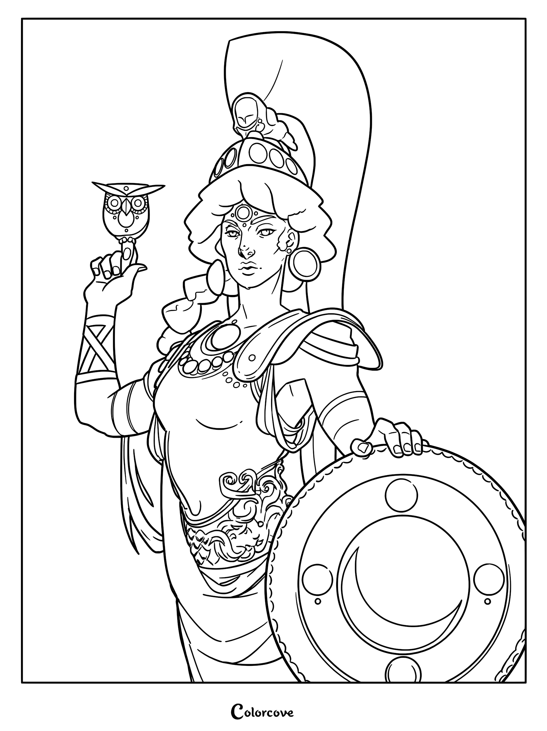 Athena from the video game Hades, wearing her iconic helmet and holding a golden owl pendant, presented as a detailed line art coloring page.