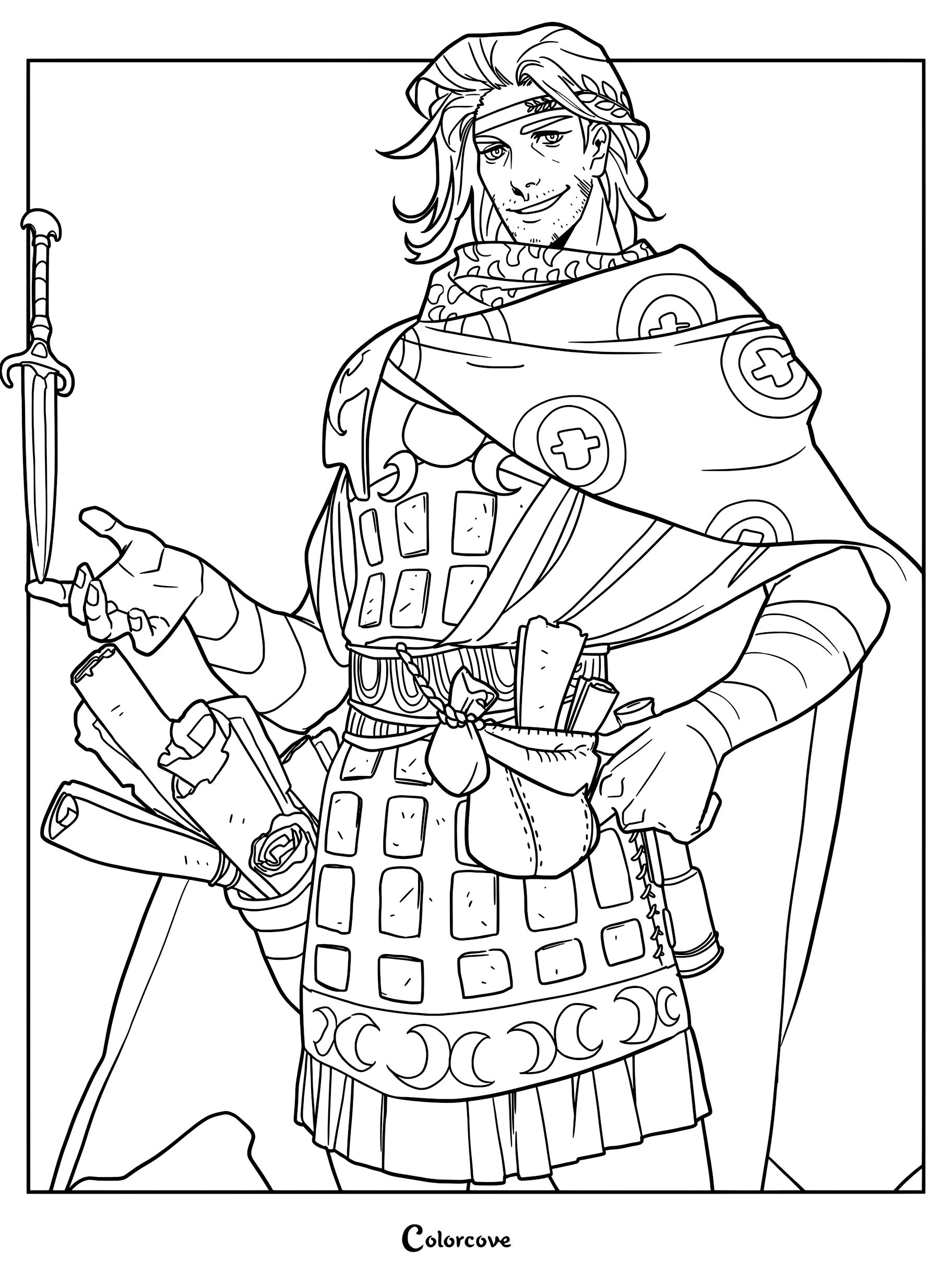 Odysseus from Hades II wearing his Veteran Tactician armor, featuring a detailed cloak, scrolls, and a dagger, presented as a printable coloring page.