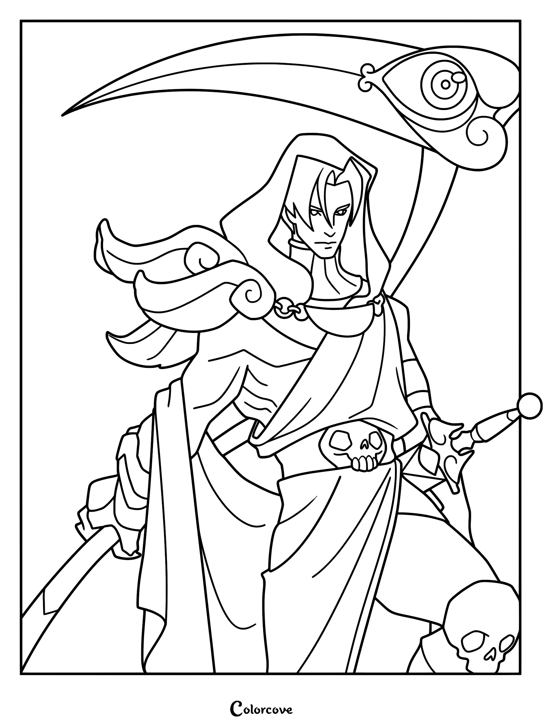Thanatos, the God of Death from Hades, holding his signature scythe in a detailed line art coloring page.