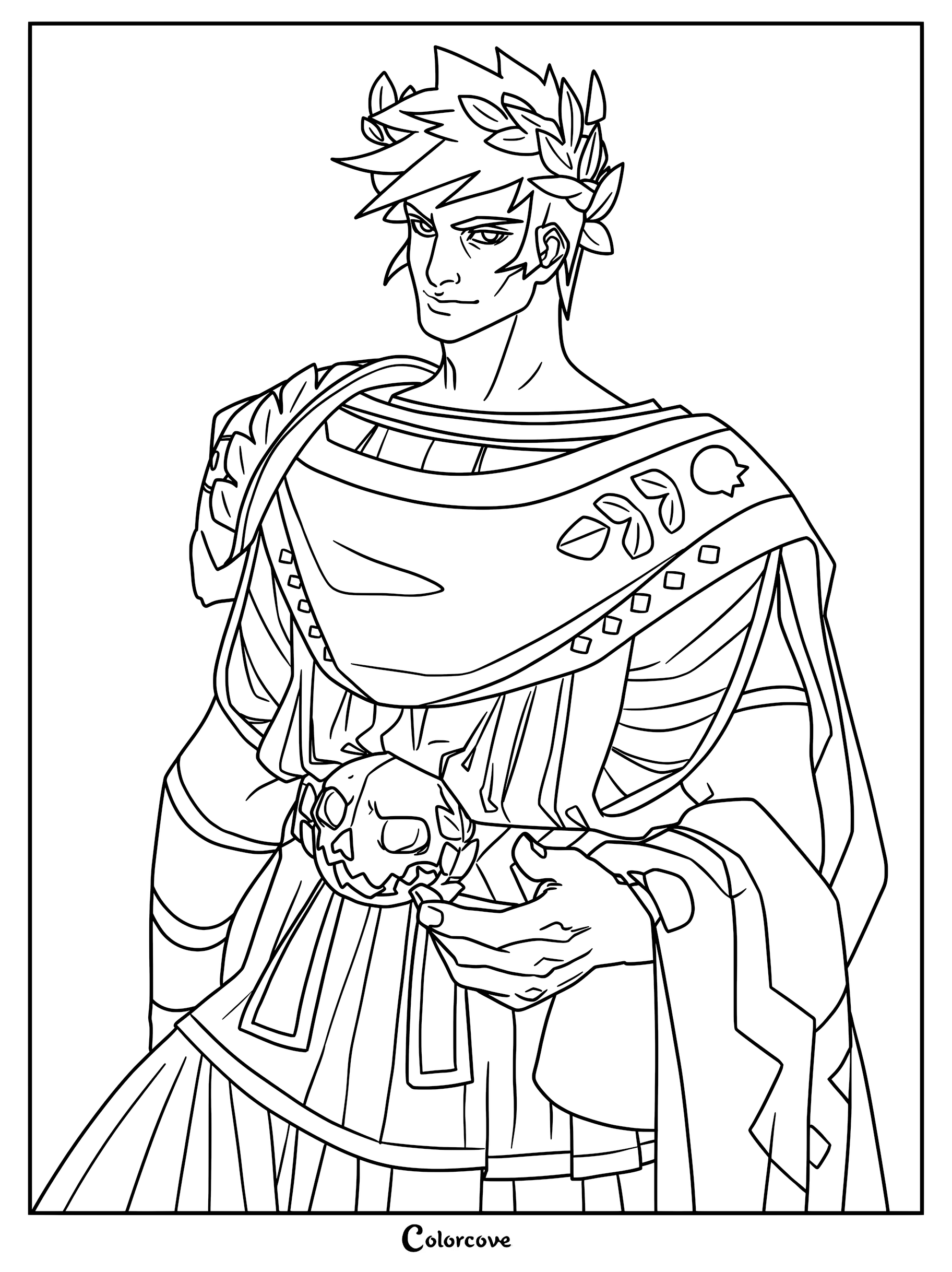 Line art coloring page of Zagreus, the Prince of the Underworld, wearing a laurel wreath and ornate chiton with a skull accessory.