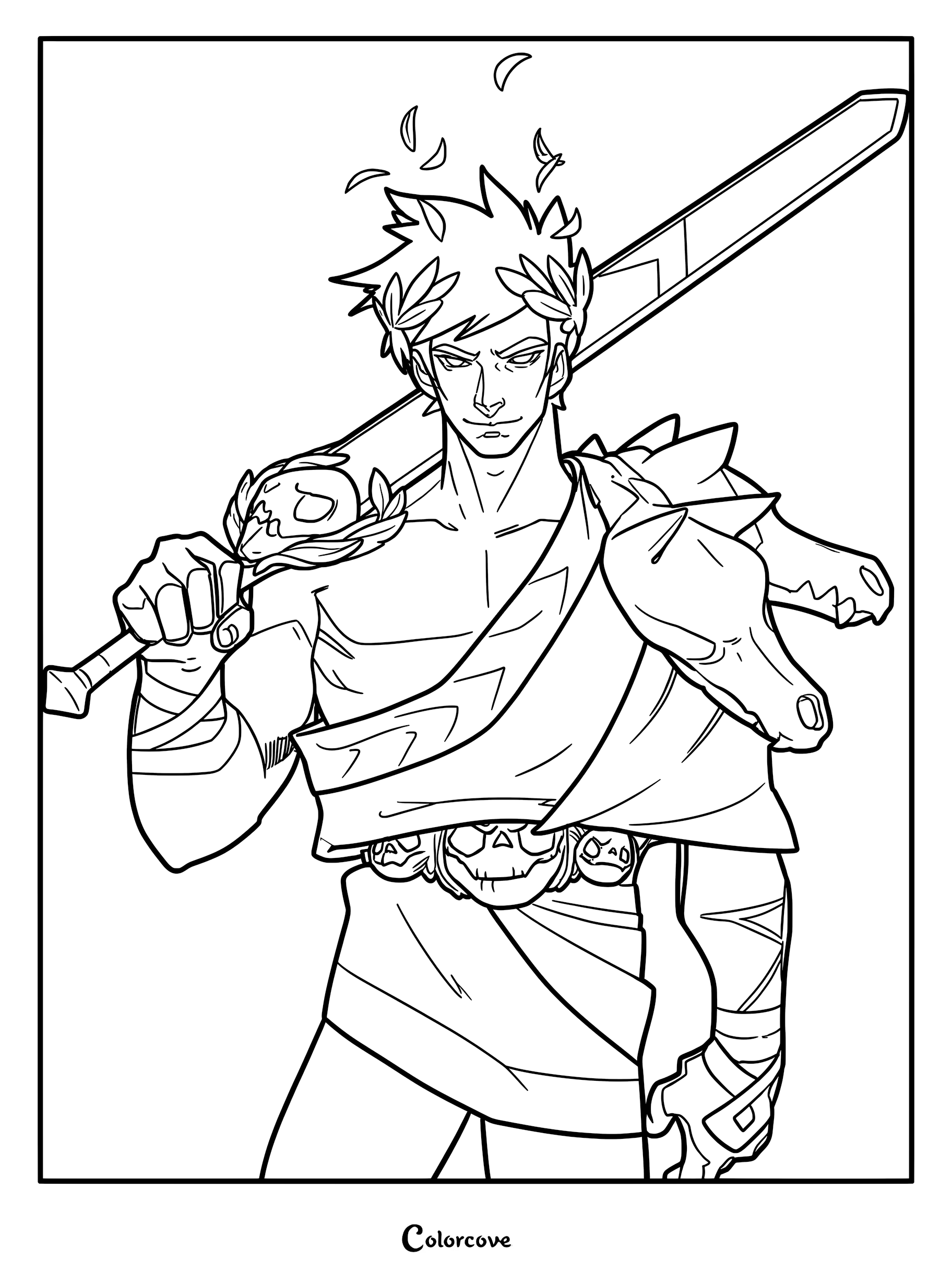 Zagreus, the protagonist of the 2020 rogue-like video game Hades, holding the Stygian Blade over his shoulder in this detailed line art coloring page.
