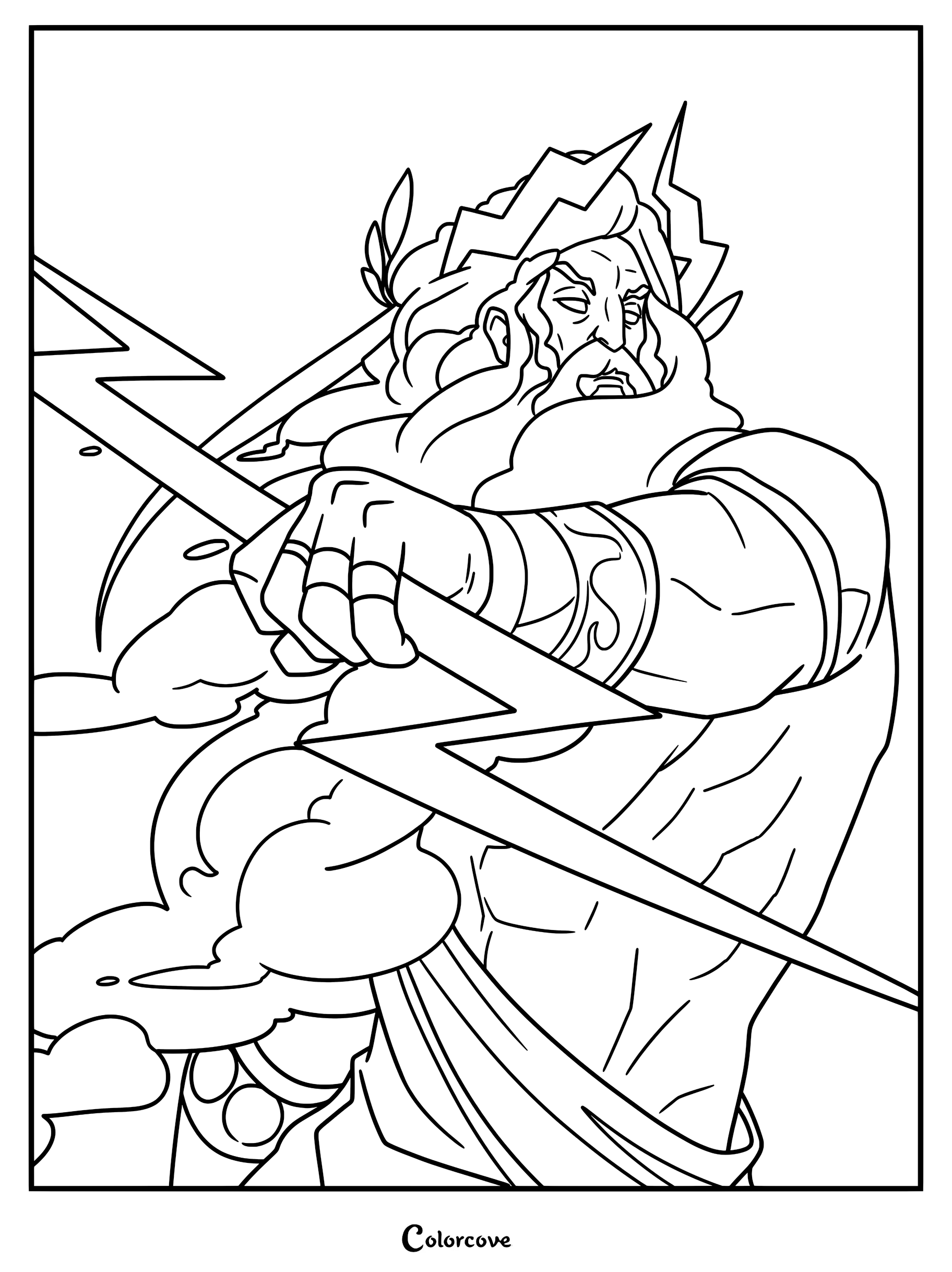 Zeus from the game Hades wielding a lightning bolt in this detailed line art coloring page.