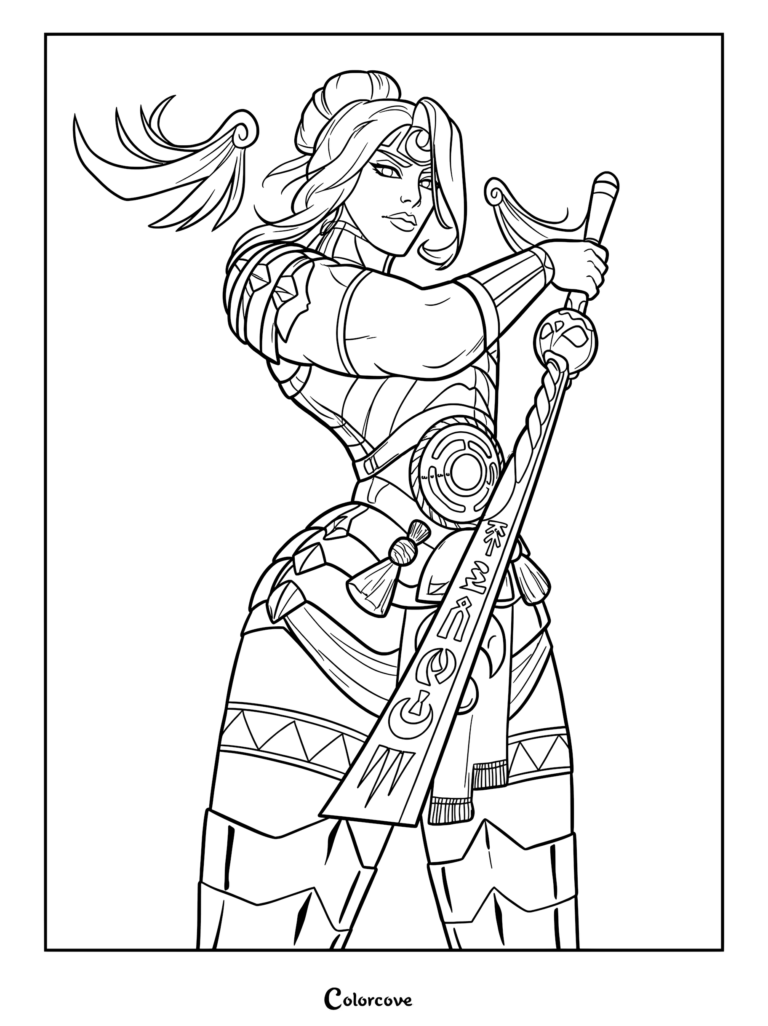Une page de coloriage détaillée de Némésis de Hades II, se tenant dans une pose puissante tout en maniant sa lame ornée caractéristique.
