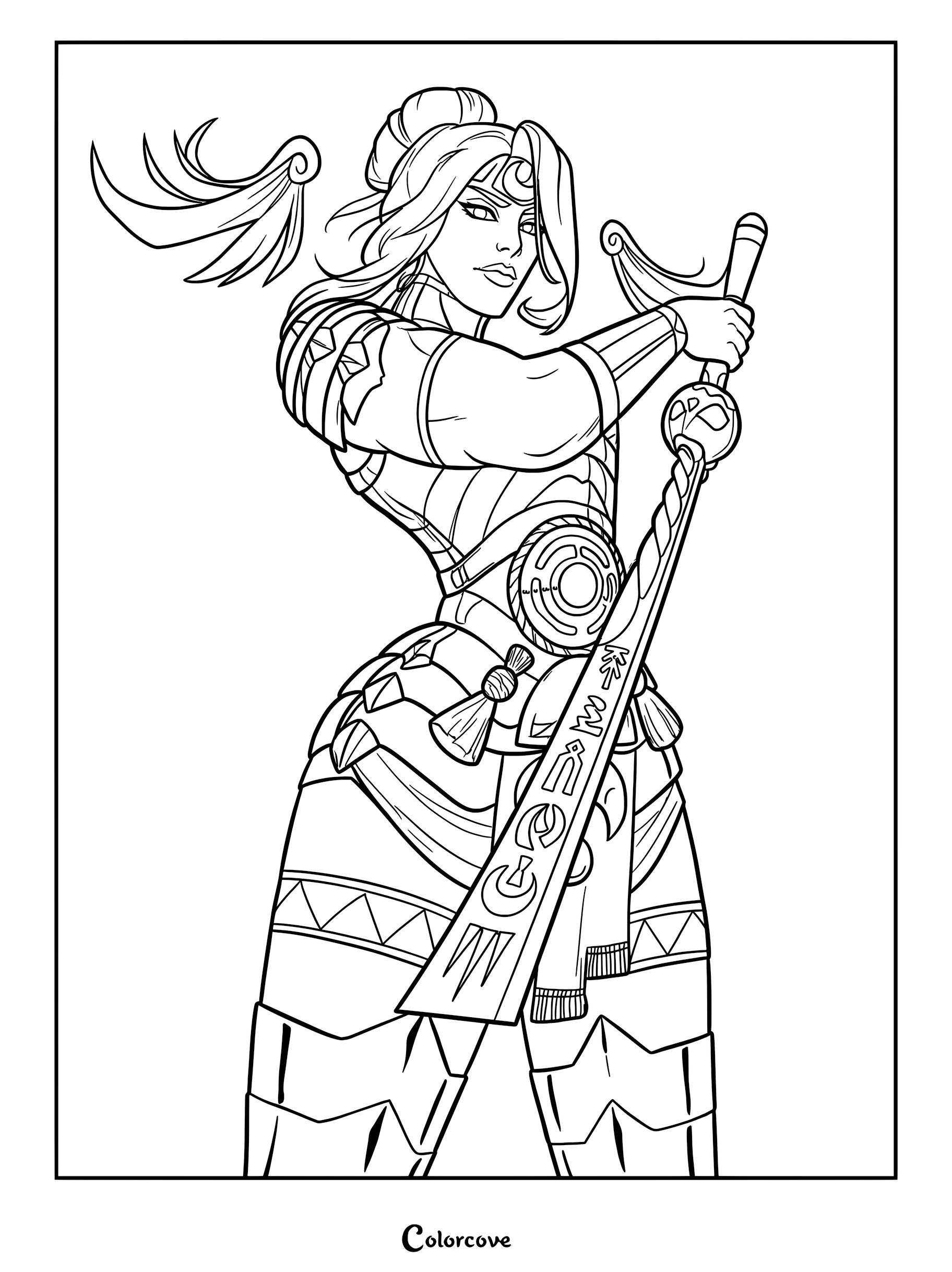 A detailed coloring page of Nemesis from Hades II, standing in a powerful pose while wielding her signature ornate blade.