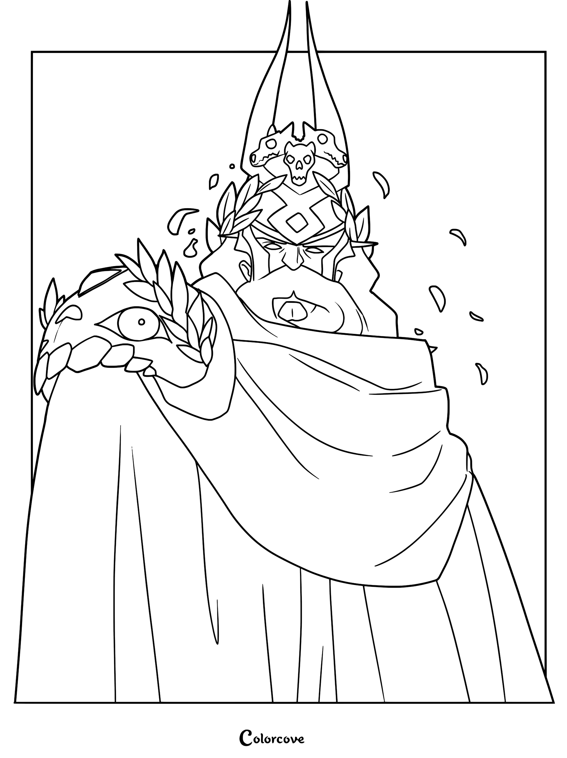 A detailed line art coloring page of Hades, the God of the Dead, wearing his iconic skull-adorned crown and laurel wreath, with a flowing cape and stern expression.