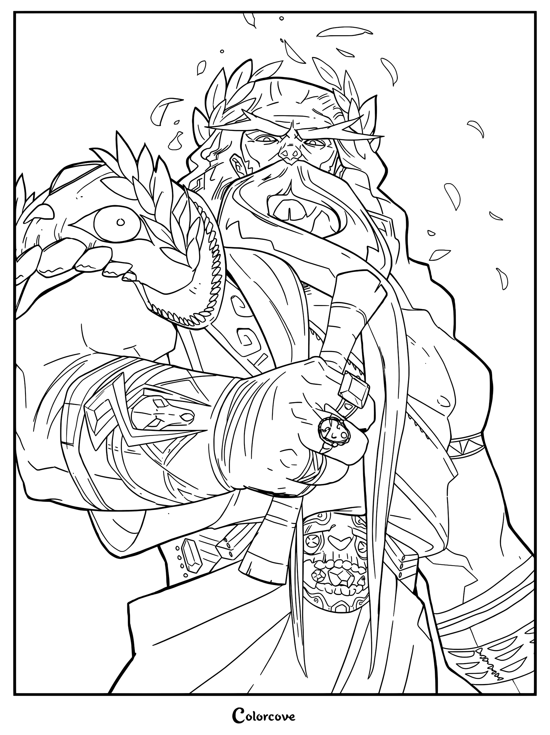 A detailed coloring page of Hades, the God of the Dead, wearing his laurel crown and ornate armor while holding his bident.