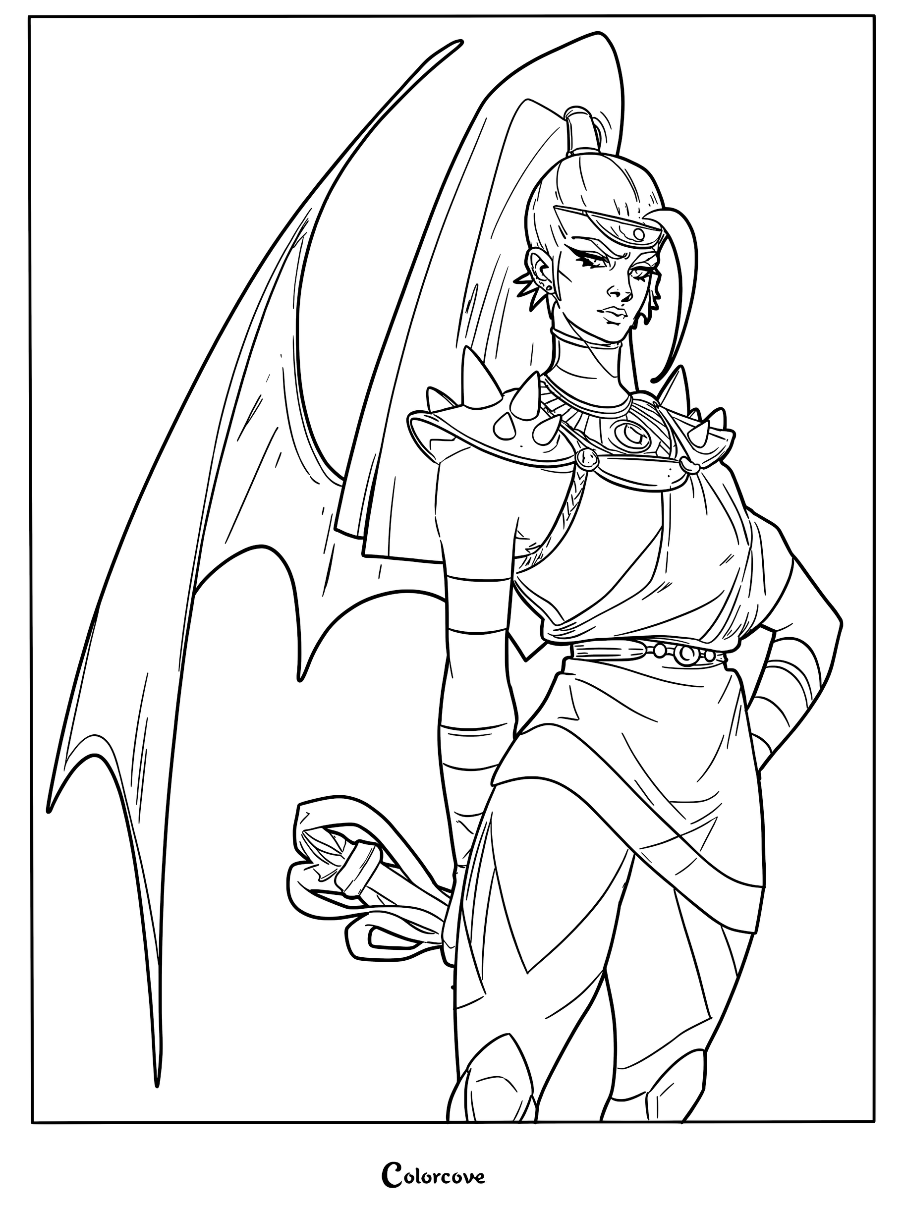 Line art coloring page of Megaera, one of the Furies from Hades, featuring her signature spiked shoulder armor, large wings, and ponytail.