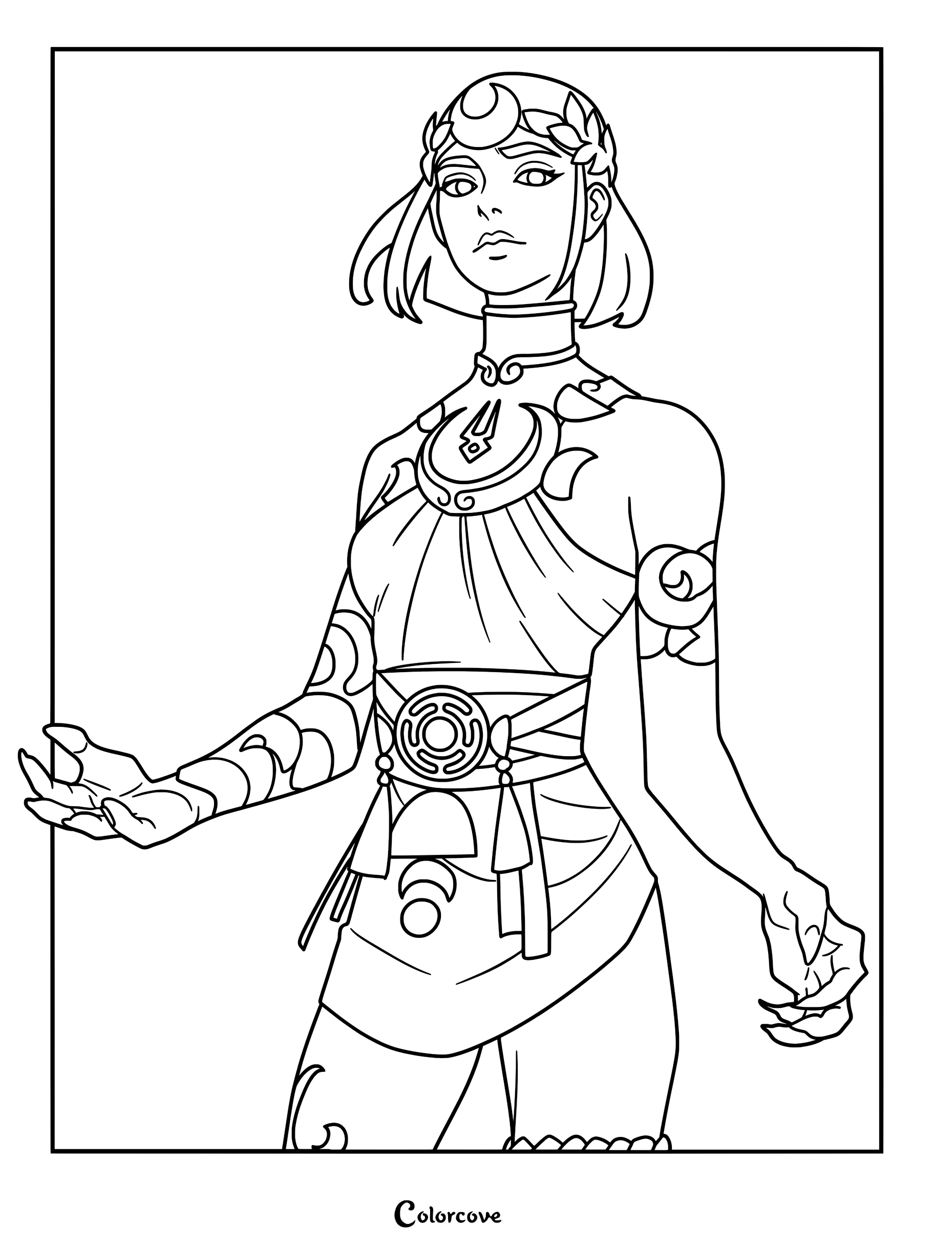 A detailed line art coloring page of Melinoë from Hades II, featuring her signature crescent moon headpiece, intricate arm tattoos, and flowing sorceress attire.