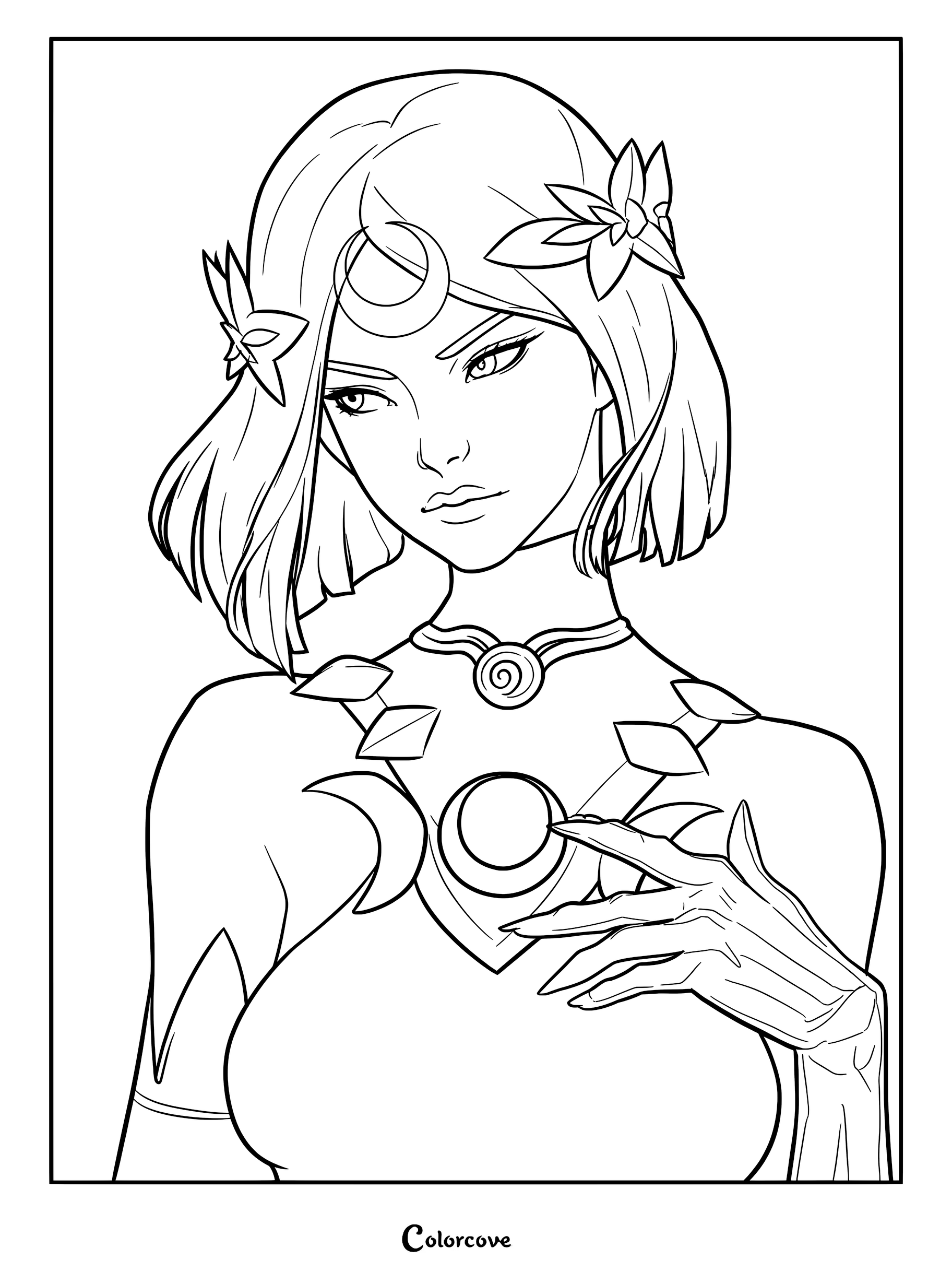 A detailed line art coloring page of Melinoë from Hades II, featuring her signature crescent moon headpiece, floral hair accessories, and intricate collar necklace.