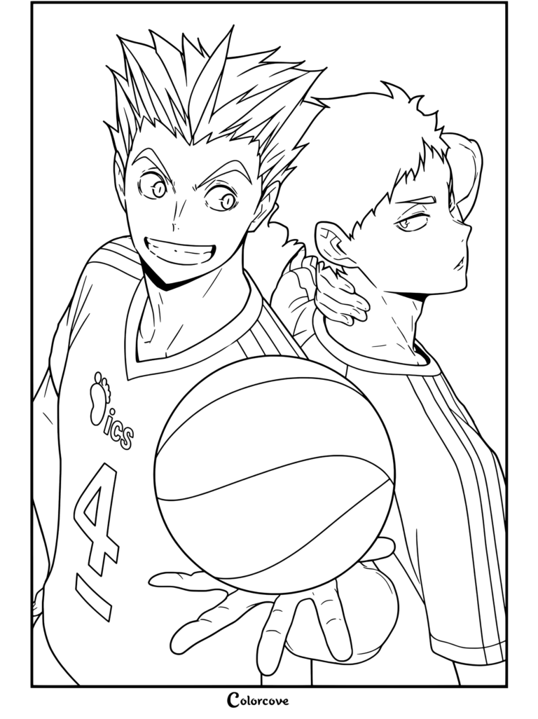 Kotaro Bokuto y Keiji Akaashi sosteniendo un balón de vóleibol juntos sonriendo y luciendo seguros en página para colorear terminada de Haikyu