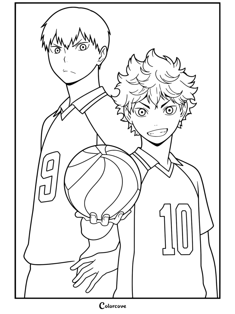 Página para colorear imprimible de Haikyu con Tobio Kageyama y Shoyo Hinata con uniformes de voleibol de Karasuno sosteniendo un balón de voleibol