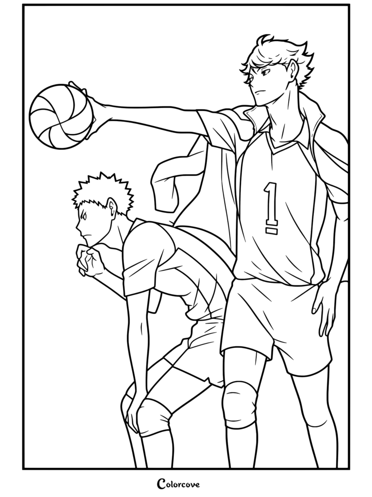 Página para colorear inspirada en Haikyu con Tooru Oikawa sosteniendo un balón de vóleibol e Iwaizumi vistiendo los uniformes de Aoba Johsai.