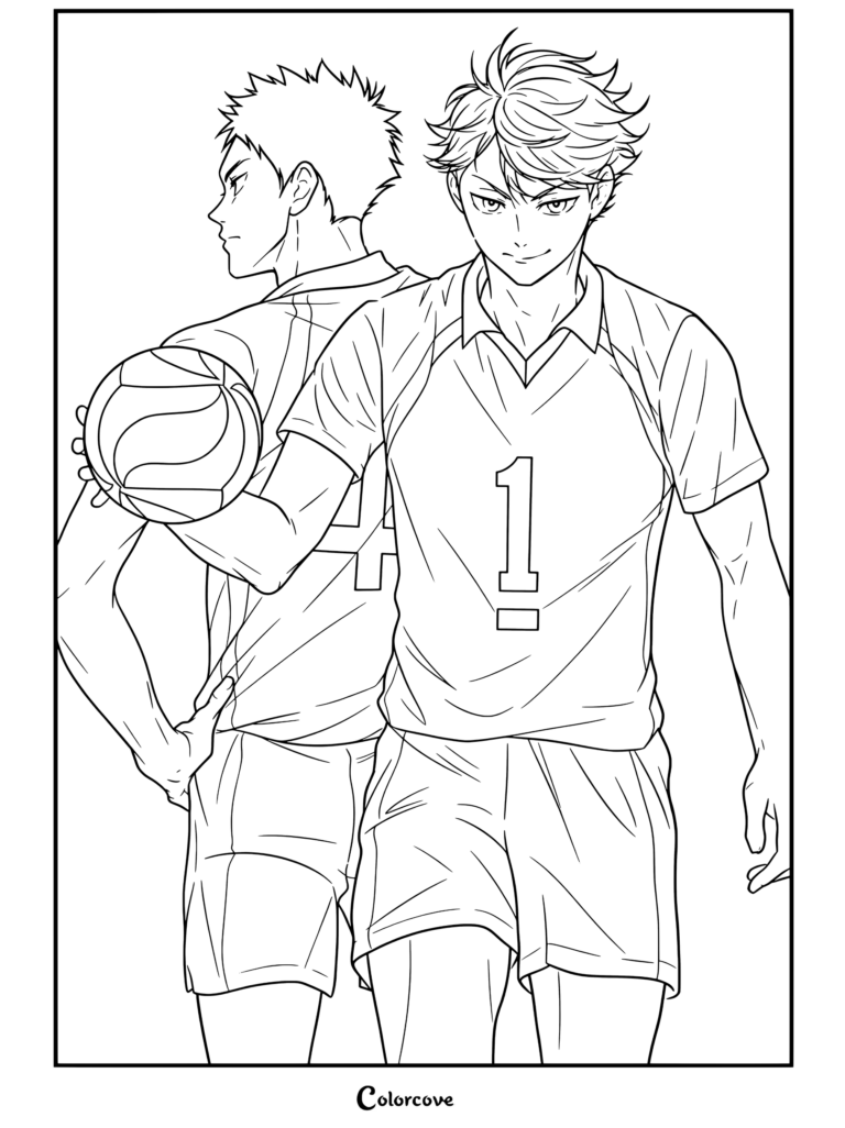 Página para colorear de Haikyu con Toru Oikawa y Hajime Iwaizumi vistiendo los uniformes de vóleibol de Aoba Johsai, posando con confianza con un balón de vóleibol.