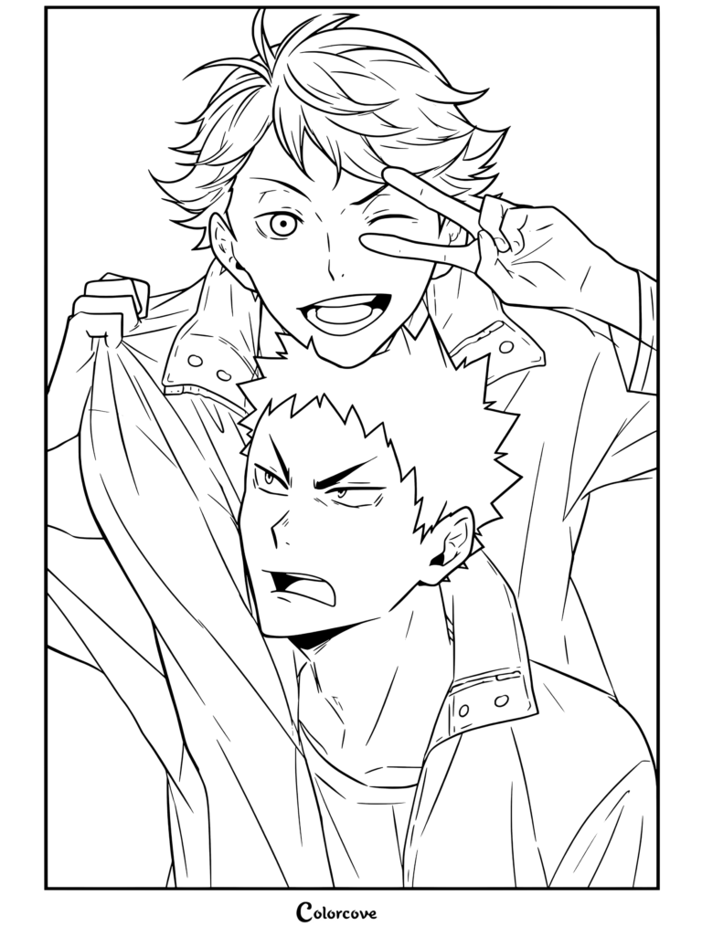 Página para colorear de Haikyu de Toru Oikawa guiñando un ojo y haciendo el signo de paz mientras sostiene burlonamente el cuello de un malhumorado Hajime Iwaizumi.