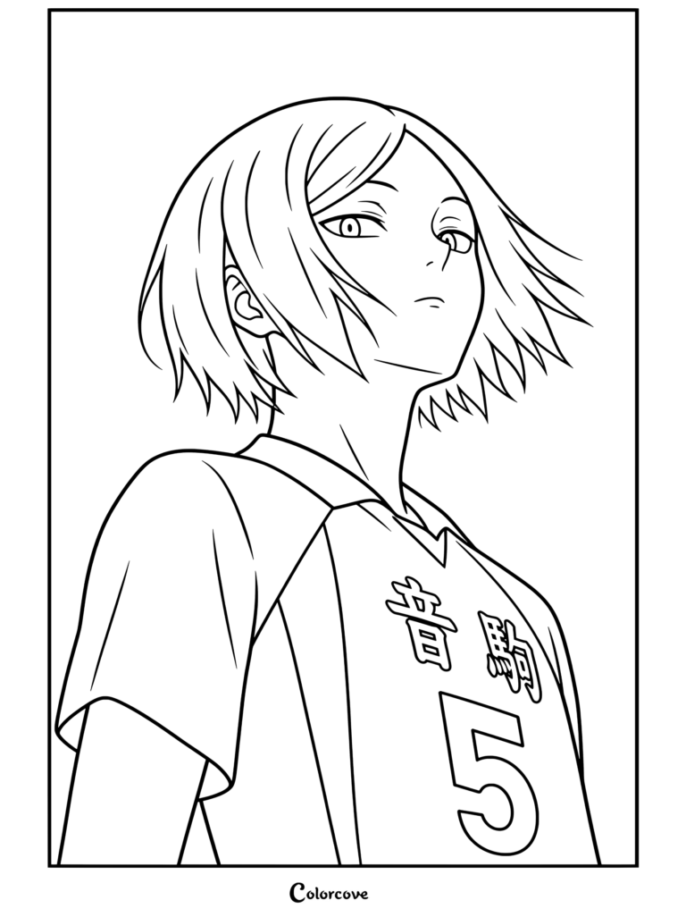 Kenma Kozume de Haikyu vistiendo el jersey de vóleibol rojo y negro de Nekoma número 5 mirando hacia abajo con expresión seria en página para colorear