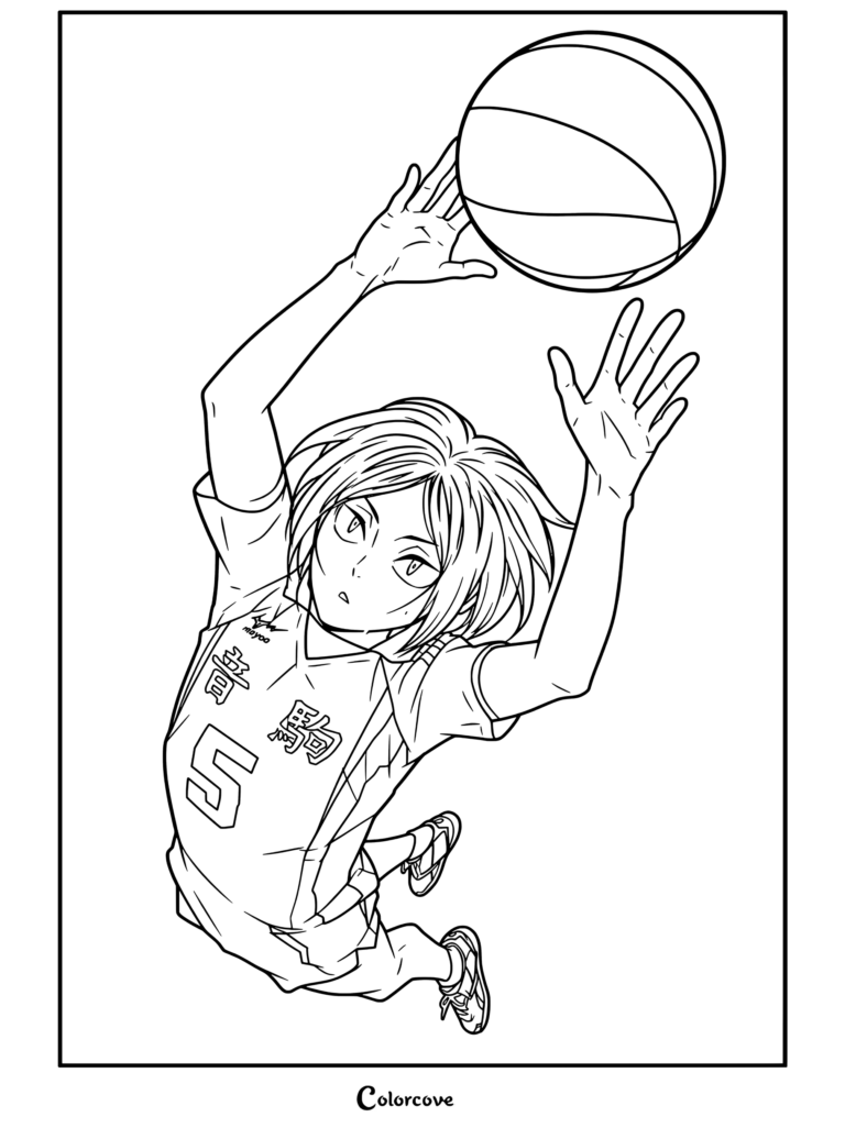 Kenma Kozume colocando un balón de vóleibol con un jersey de Nekoma con el número 5 en esta página para colorear de Haikyu.