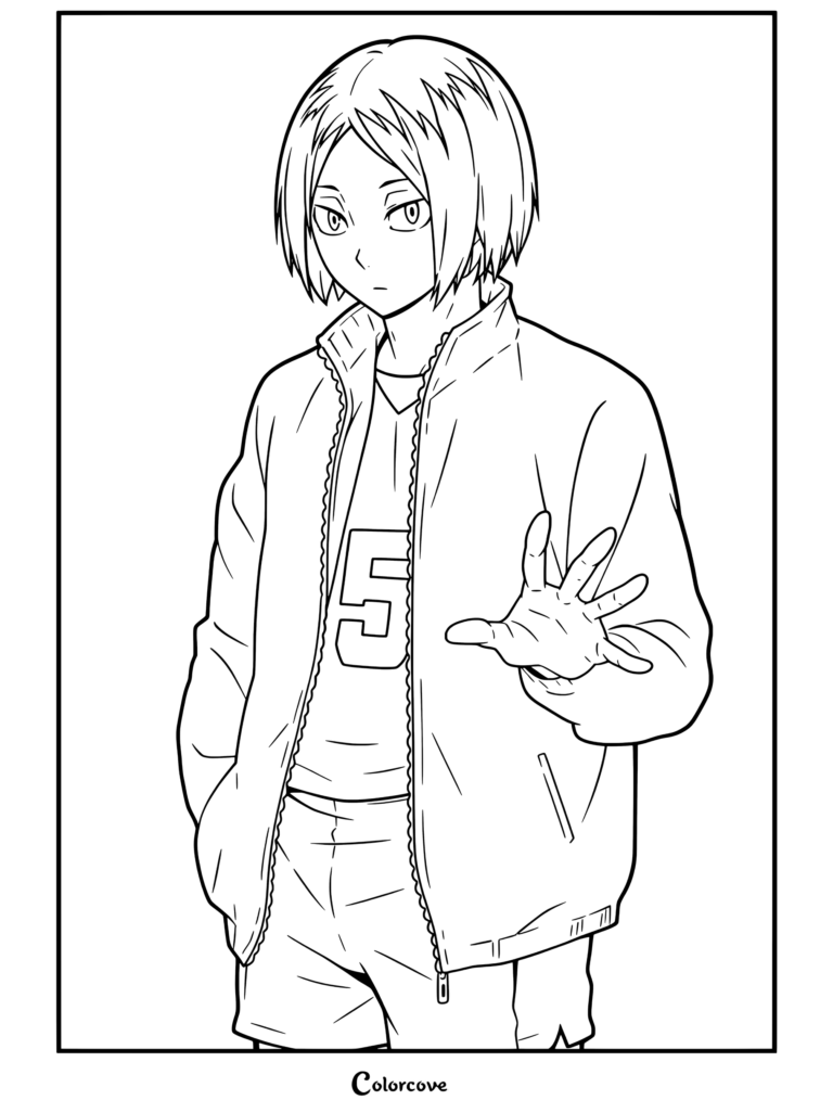 Kenma Kozume vistiendo el uniforme de vóleibol rojo y chaqueta de Nekoma High levantando la mano en un gesto en página para colorear para fans de Haikyu