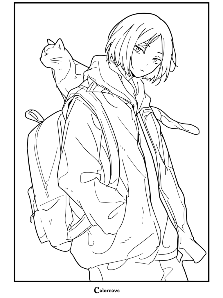 Kenma Kozume vistiendo chaqueta roja y sudadera con capucha blanca con un gato calicó en el hombro y cargando una mochila en página para colorear para fans de Haikyu