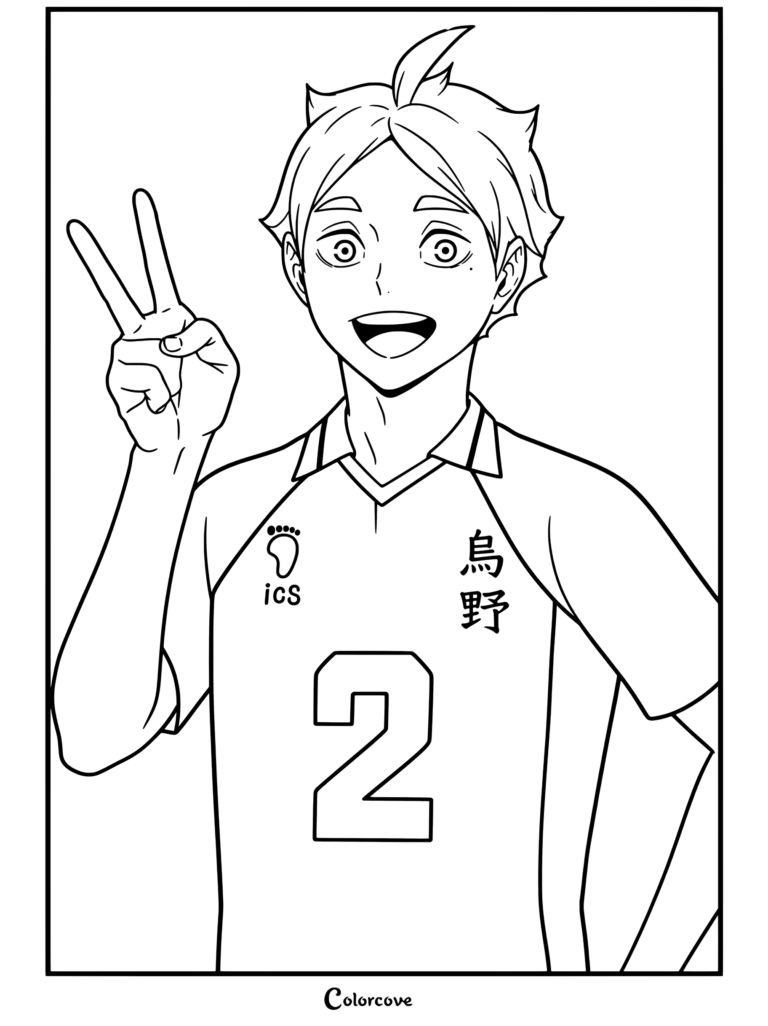 Koshi Sugawara sonriendo felizmente mostrando el signo de paz con el uniforme de vóleibol de Karasuno número 2 en página para colorear para fans de Haikyu
