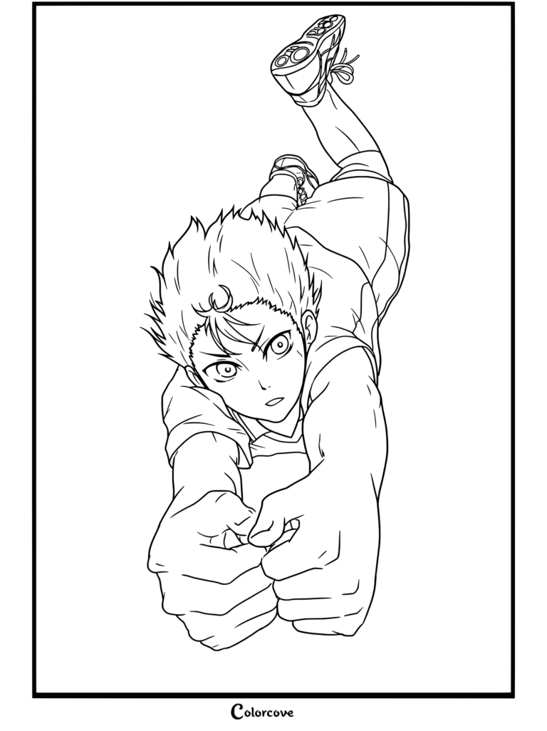 Yu Nishinoya lanzándose hacia adelante para recibir con las manos entrelazadas en el uniforme naranja de Karasuno en página para colorear para fans de Haikyu