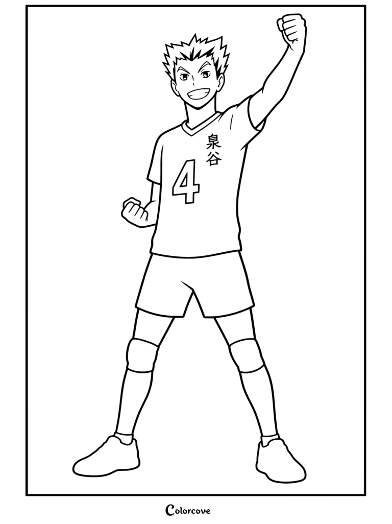 Kotaro Bokuto de Haikyu posando con confianza con el puño levantado en página para colorear con el uniforme de vóleibol de Fukurodani