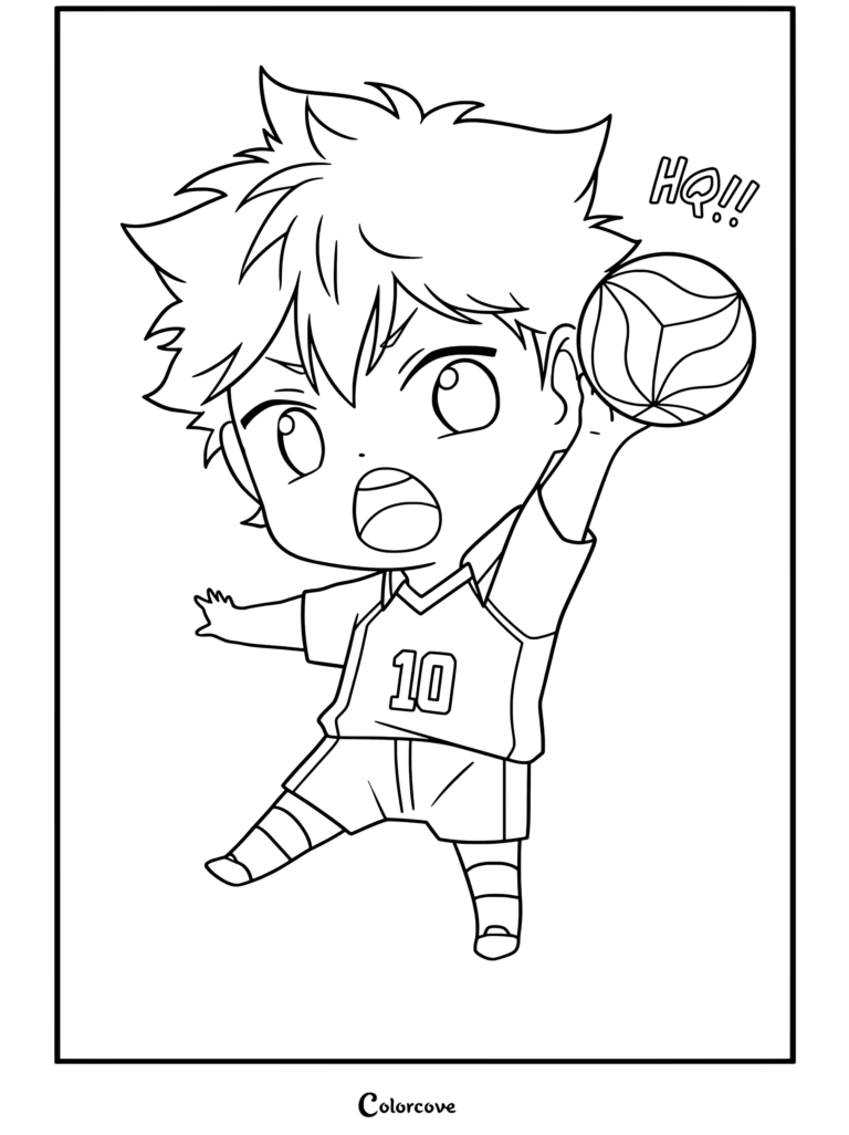 Shoyo Hinata en versión chibi sosteniendo un balón de voleibol en su uniforme de Karasuno con el número 10, presentado en una página para colorear de Haikyu.