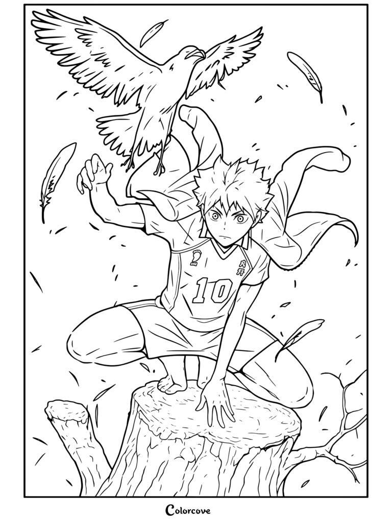 Shoyo Hinata agachado en el tocón de un árbol con un cuervo y plumas en la página para colorear de Haikyu