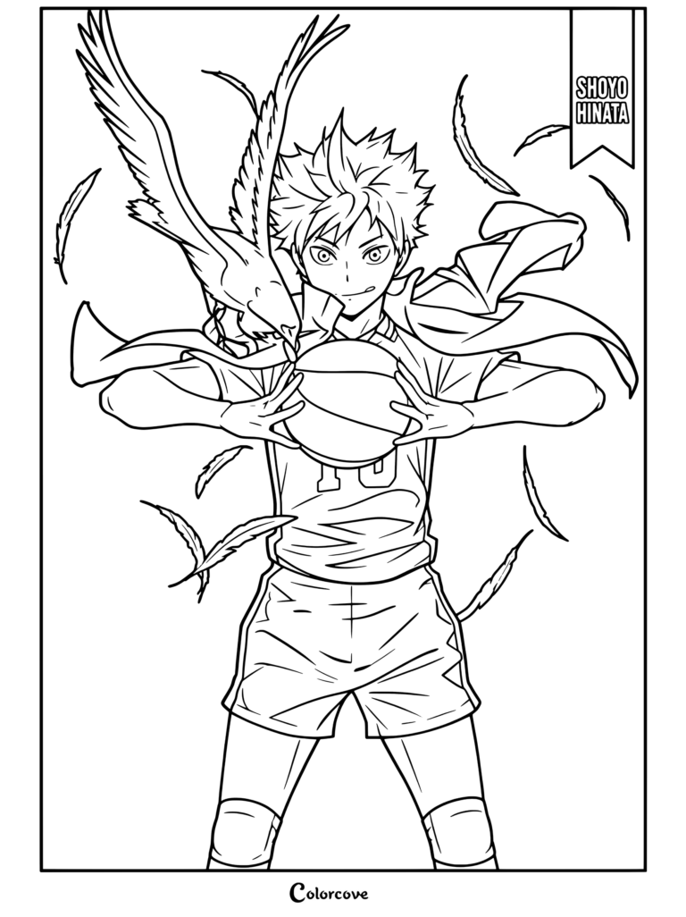 Página para colorear de Shoyo Hinata de Haikyu, sosteniendo un balón de voleibol con un cuervo de Karasuno y plumas flotando a su alrededor.