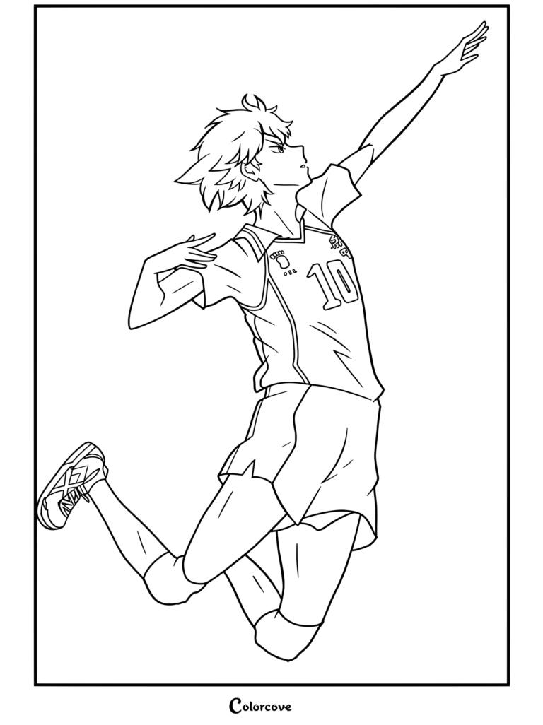 Shoyo Hinata saltando y rematando en el uniforme negro y naranja de Karasuno con el número 10 en la página para colorear de Haikyu