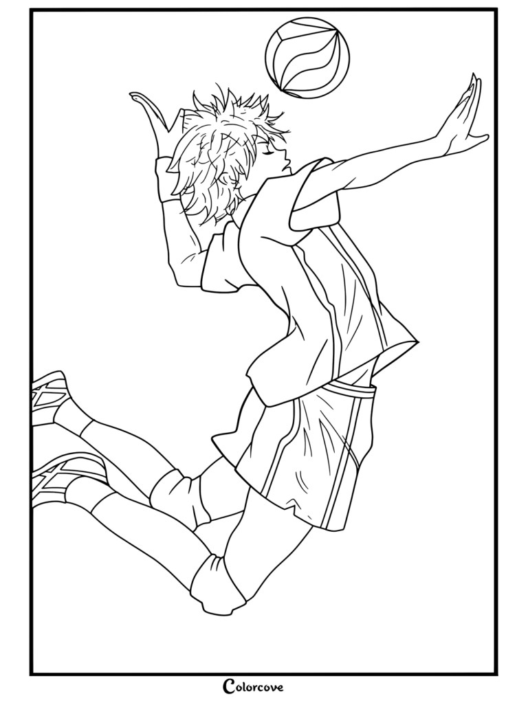 Shoyo Hinata saltando y rematando un balón de voleibol con su uniforme de Karasuno en esta página para colorear de Haikyu.