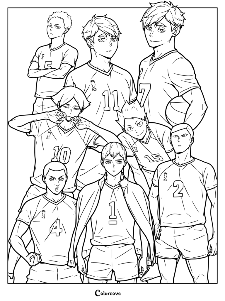Una página para colorear imprimible con miembros del equipo de vóleibol de Inarizaki High School de la serie de anime y manga Haikyu!!.
